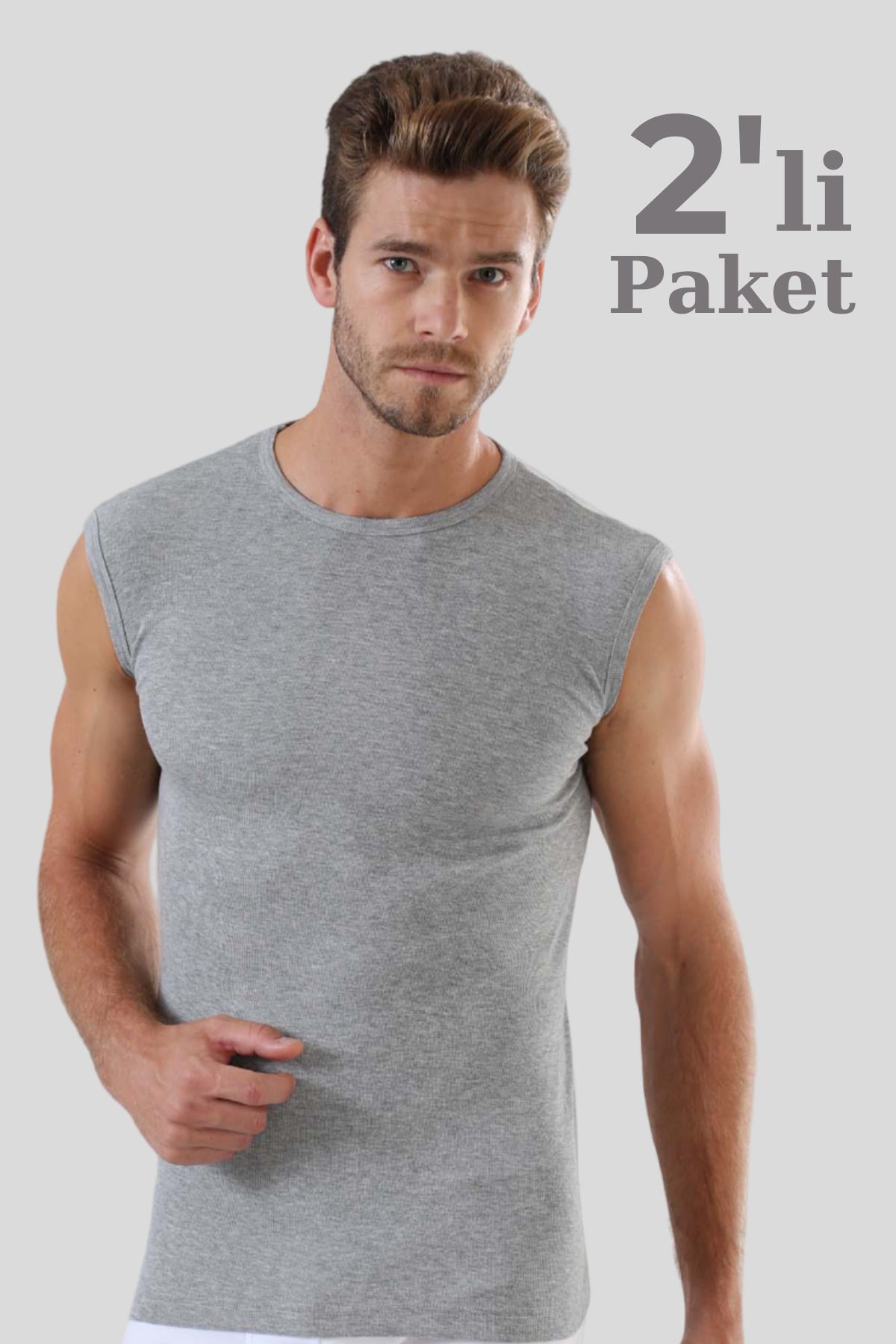 Arma Yıldız-Men's Gray T-Shirt Zero Sleeve Crew Neck Sleeveless Undershirt 2-Piece 100% Cotton 1