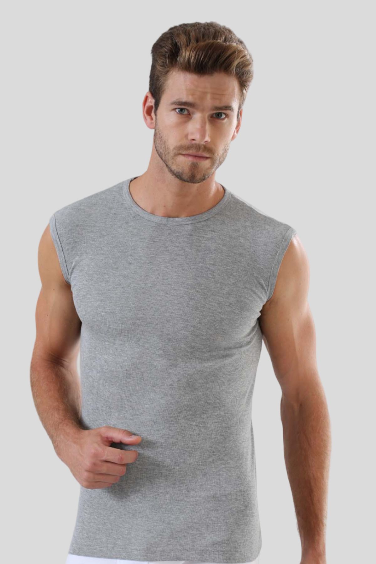 Arma Yıldız-Men's Gray T-Shirt Zero Sleeve Crew Neck Sleeveless Undershirt 2-Piece 100% Cotton 3