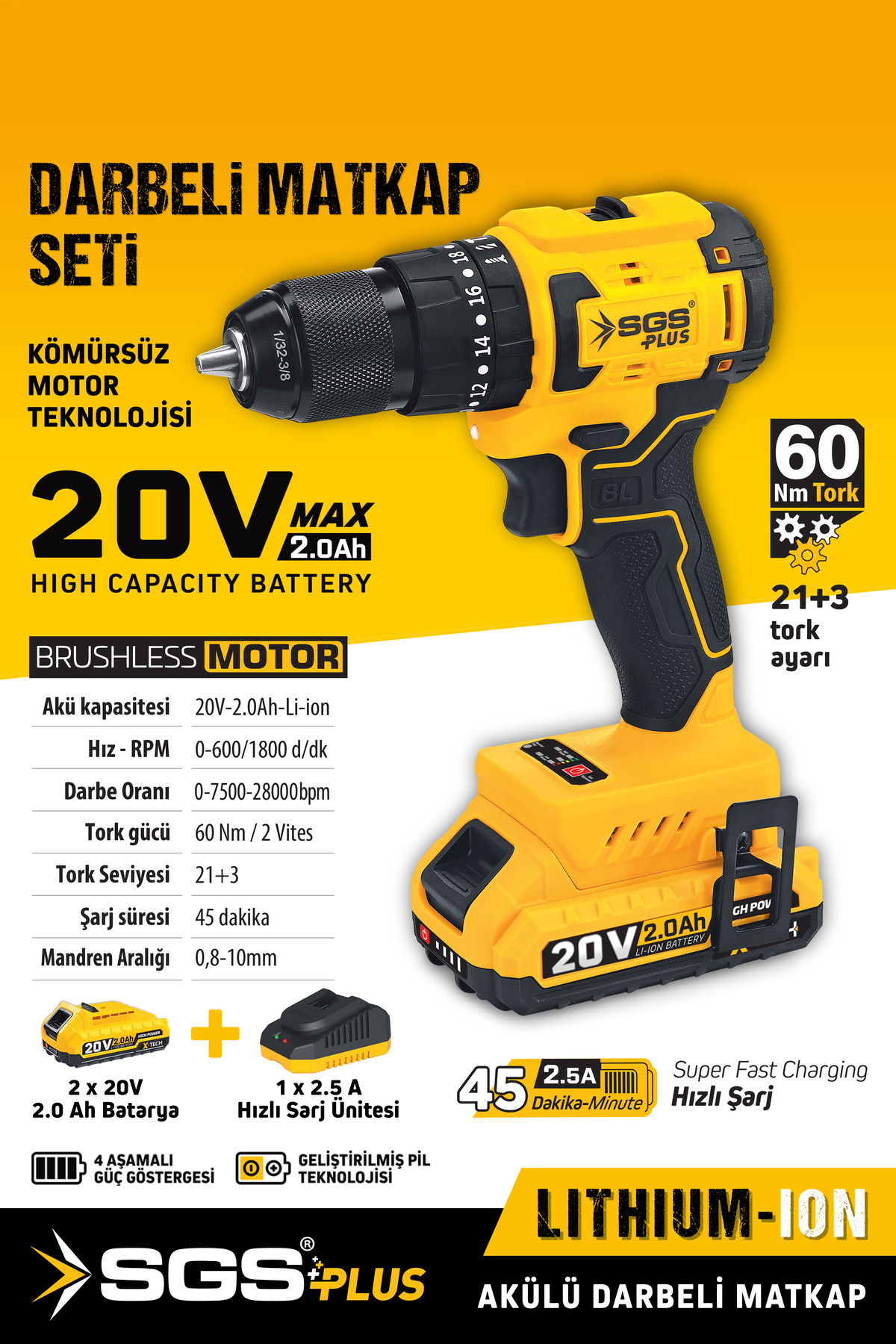 SGS PLUS SGS5532 60 NM TORKLU DARBELİ 20 VOLT 2 AMPER 2 AKÜLÜ