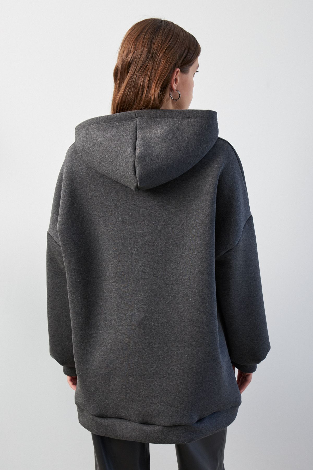 Bipantolon-Women's Anthracite Soft Textured Oversize Ribbed Hooded Sweatshirt 5