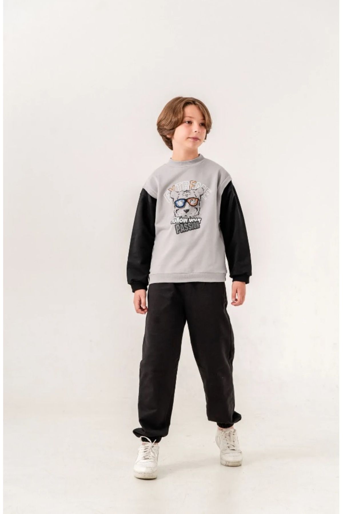 Tuffy Kids-Gray Dog Patterned Sweatshirt Set 1