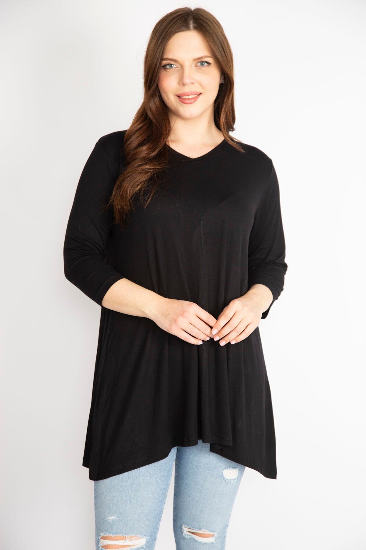 Şans-Women's Black Large Size V-Neck Capri Sleeve Tunic 65n36342 6