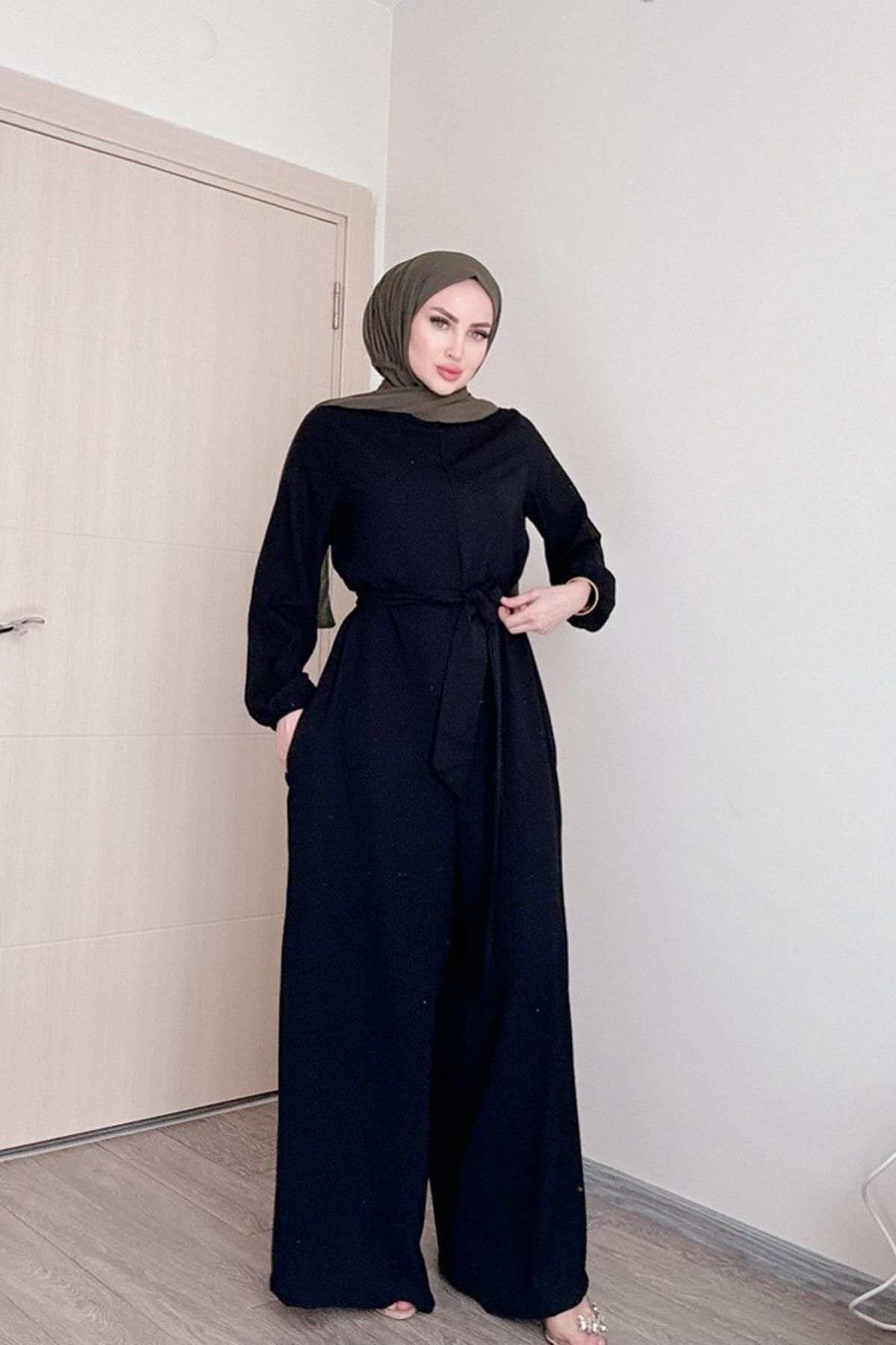 SAYRA-Shawl Women's Black Belted Salaş Cut Islamic Jumpsuit Syr009 4