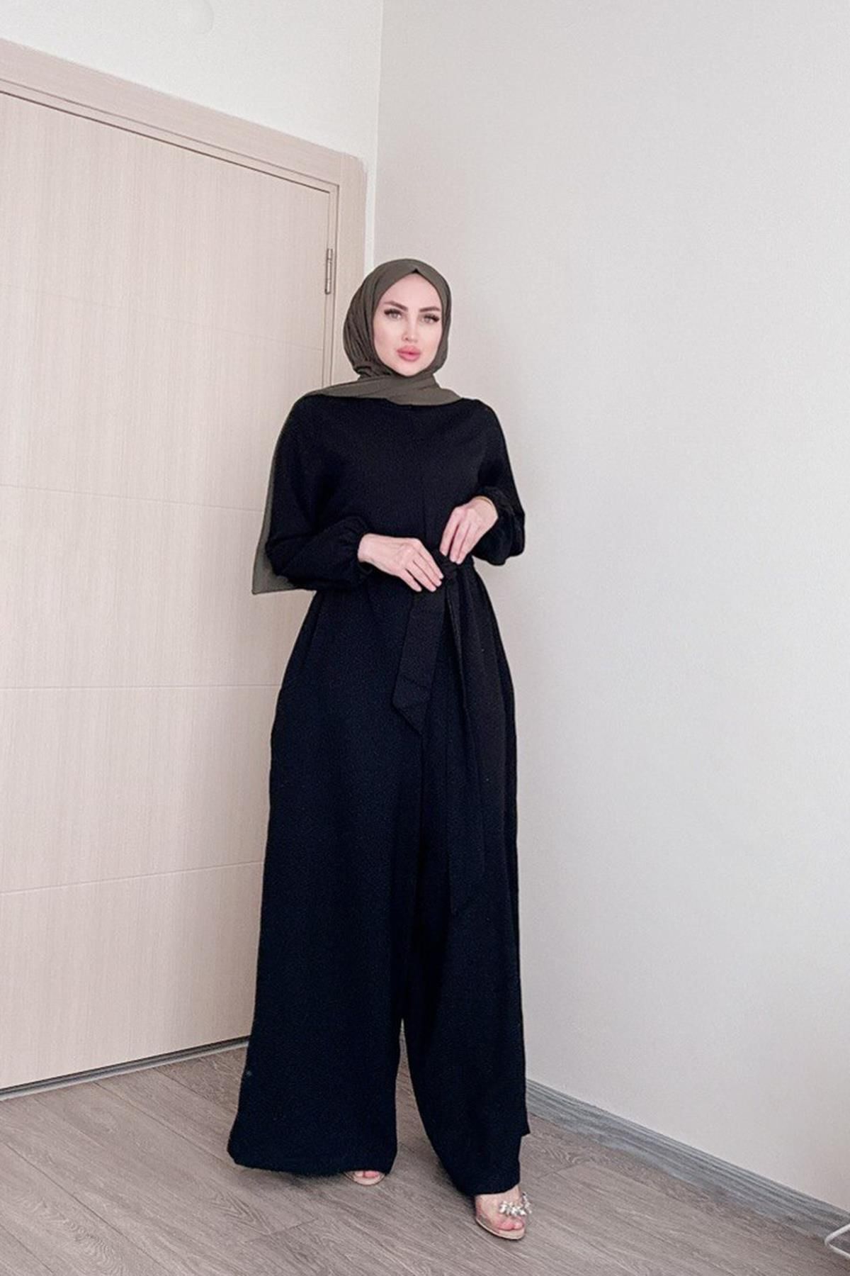 SAYRA-Shawl Women's Black Belted Salaş Cut Islamic Jumpsuit Syr009 2