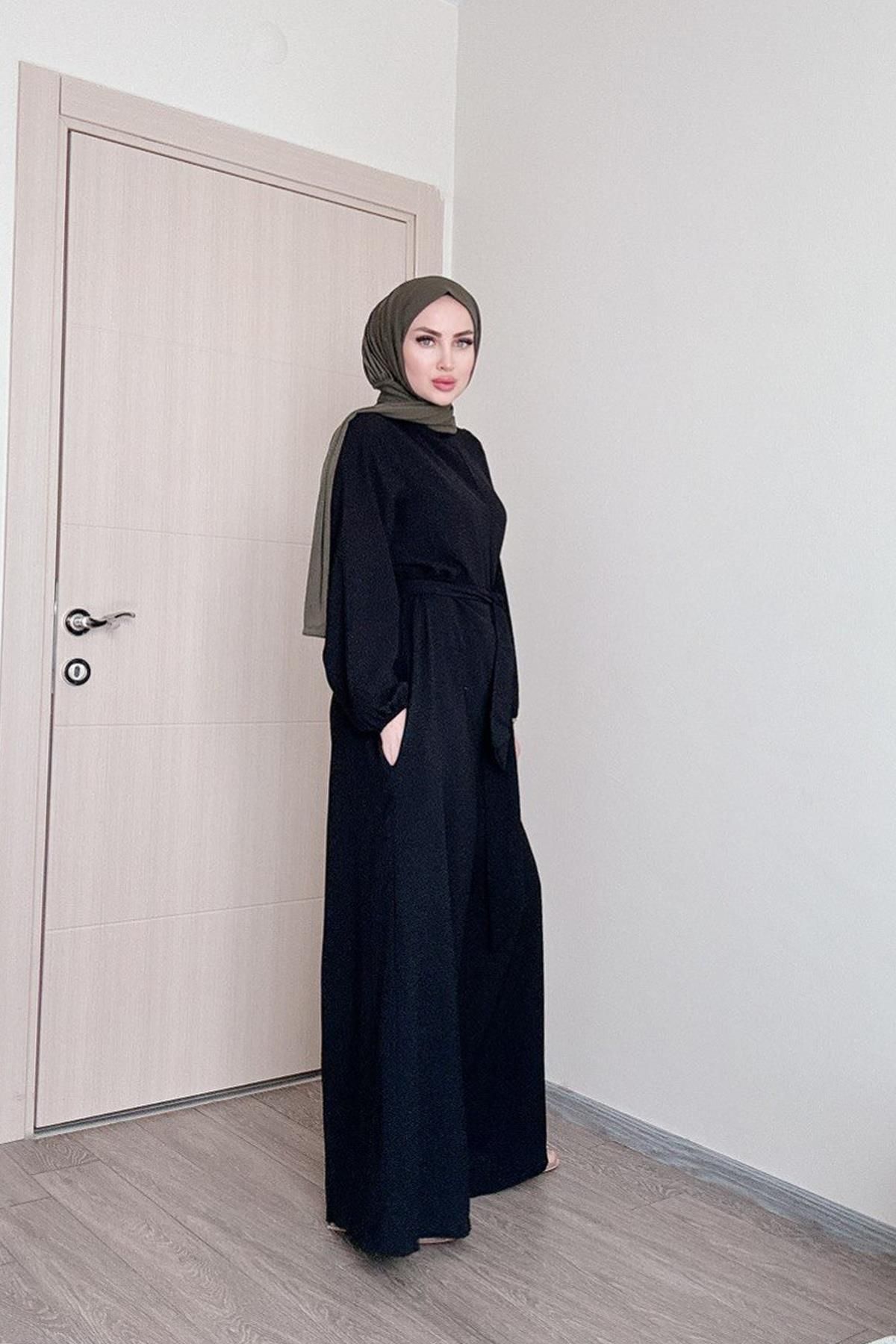 SAYRA-Shawl Women's Black Belted Salaş Cut Islamic Jumpsuit Syr009 5