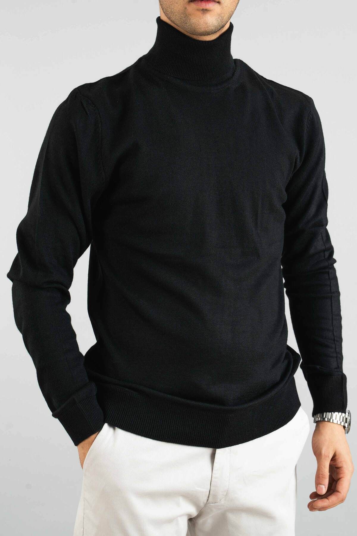 bombe-Schwarzer Slim-Fit-Rollkragenpullover aus Baumwolle mit Rollkragen für Herren 2