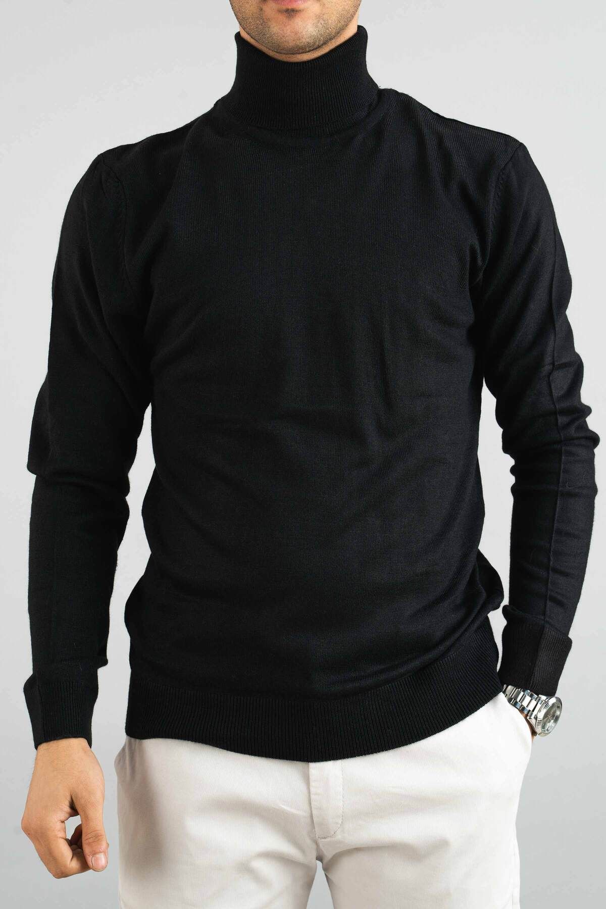 bombe-Schwarzer Slim-Fit-Rollkragenpullover aus Baumwolle mit Rollkragen für Herren 4