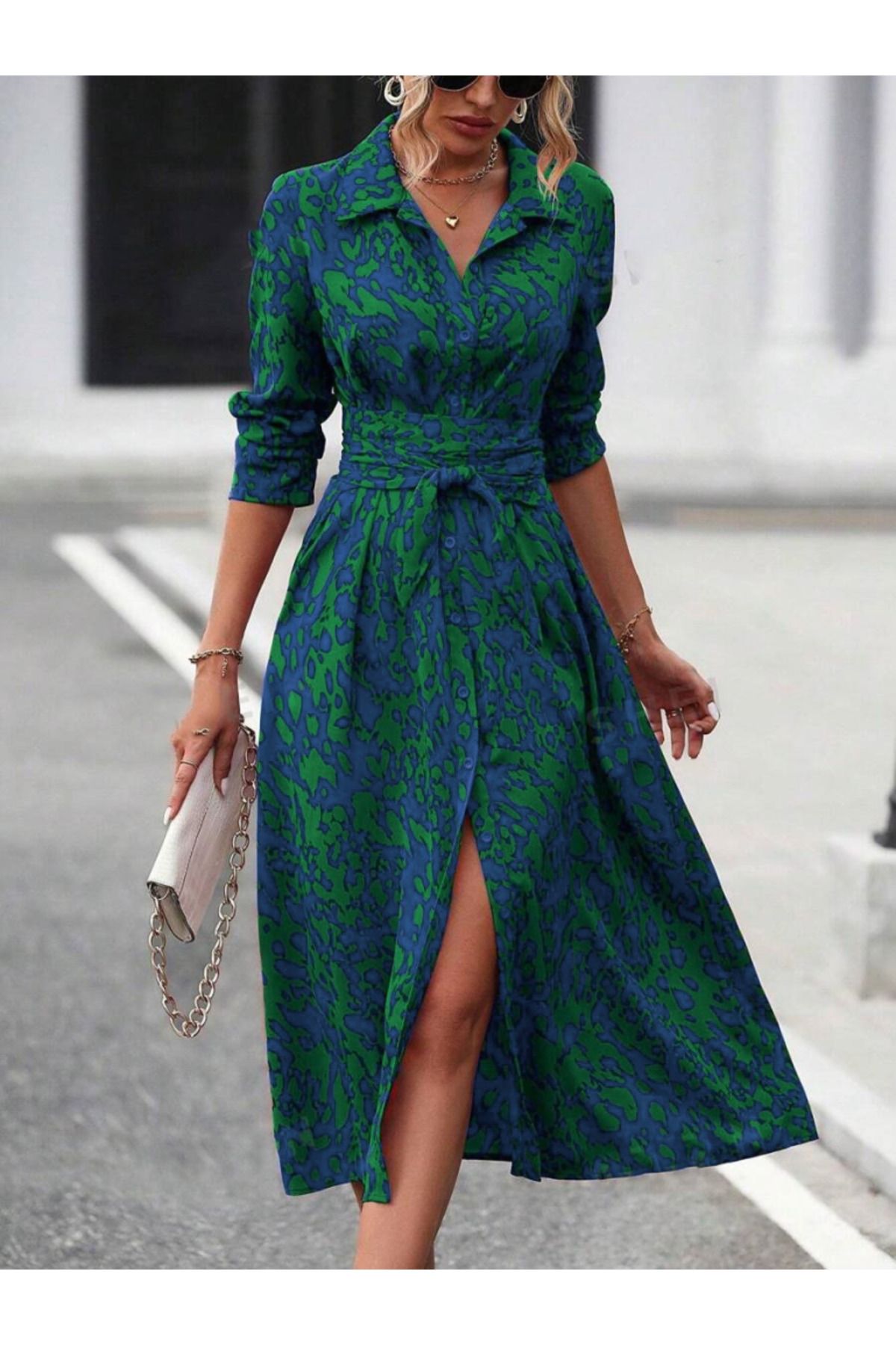 Modayakamoz-Women's Long Sleeve Collared Front Buttoned Waist Belted Long Single Jersey Dress 6