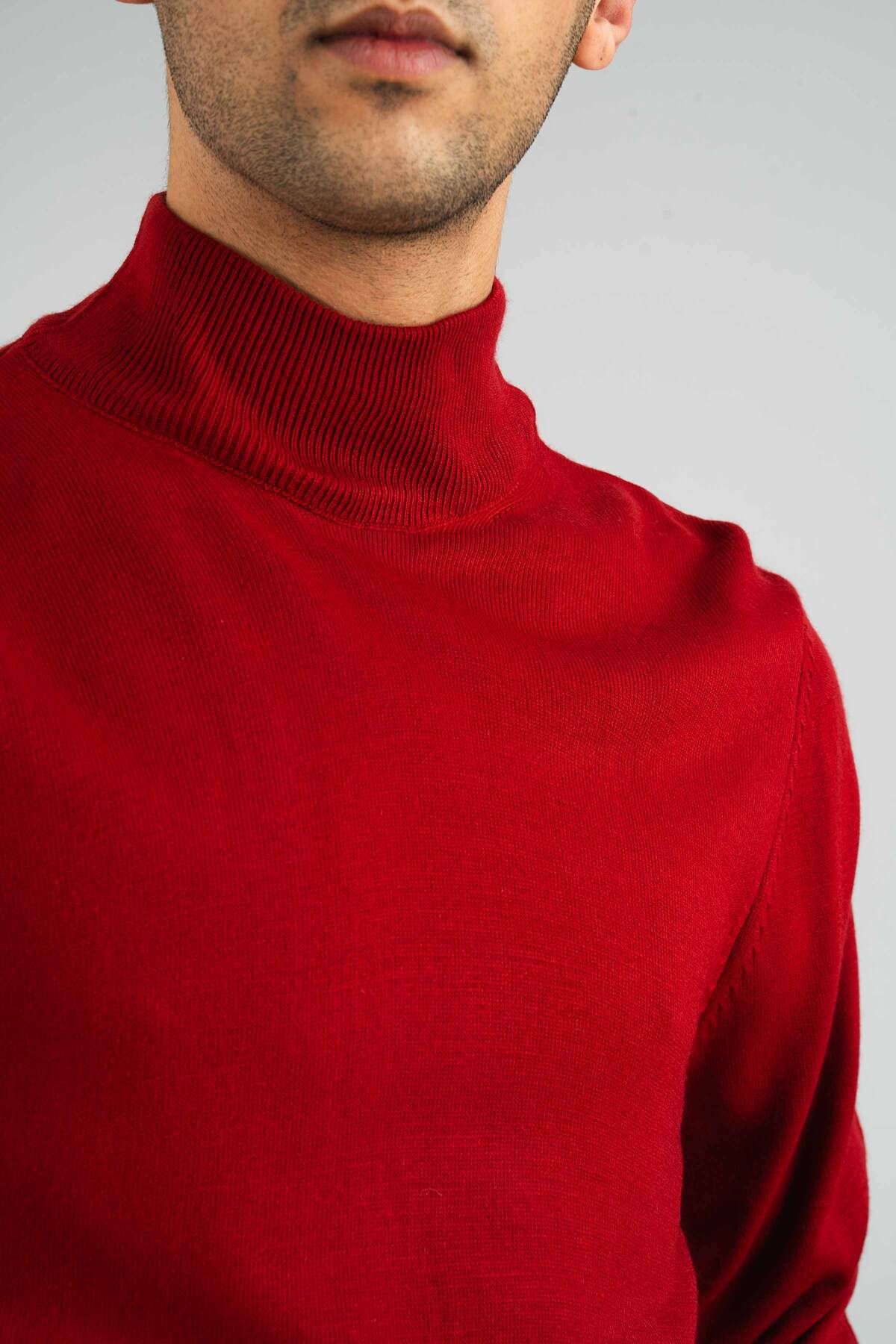 bombe-Roter Slim-Fit-Strickpullover aus Baumwolle mit halbem Rollkragen für Herren 3