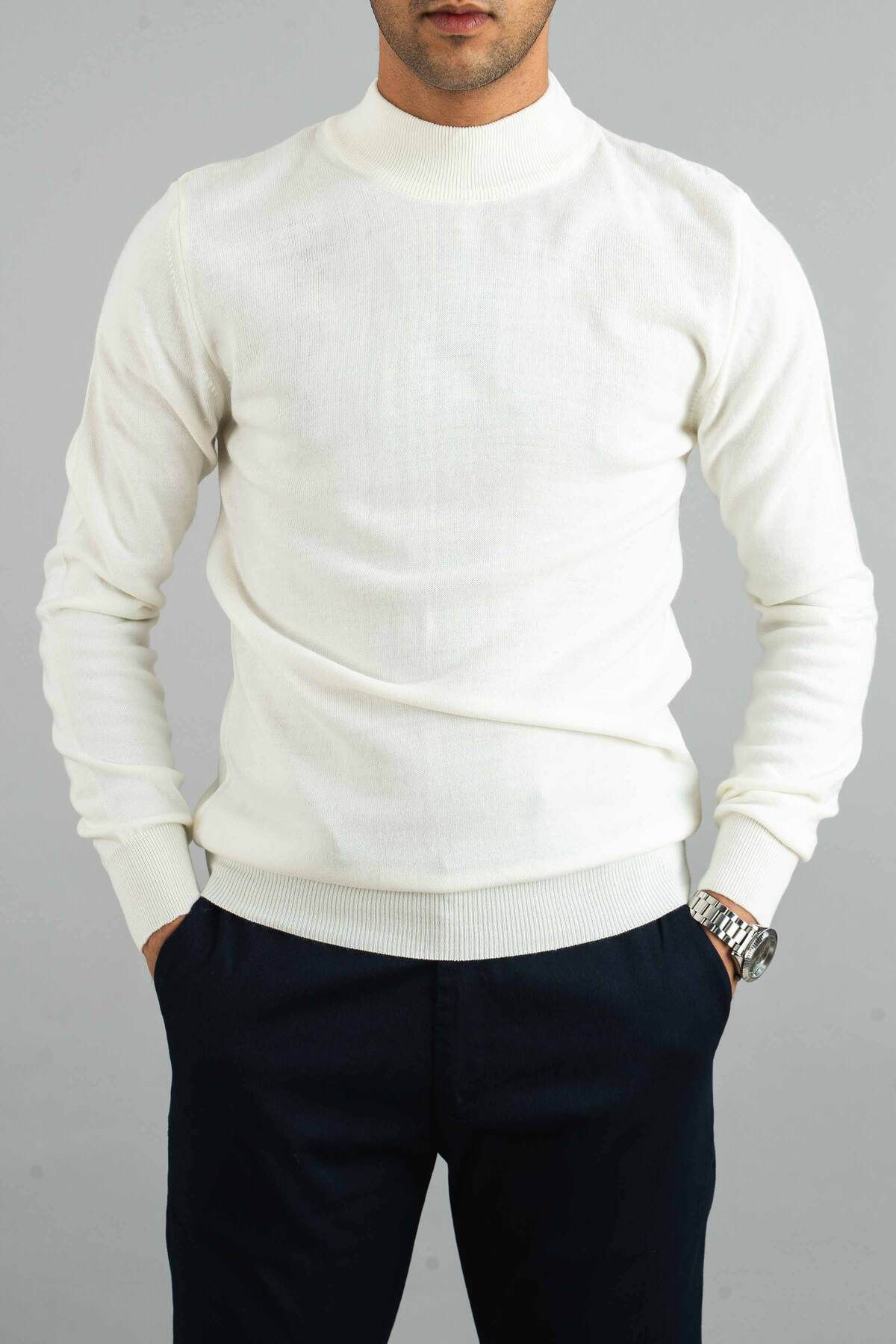 bombe-Pánský bílý polotuhý úpletový svetr Slim Fit Bavlněný polotuhý 4