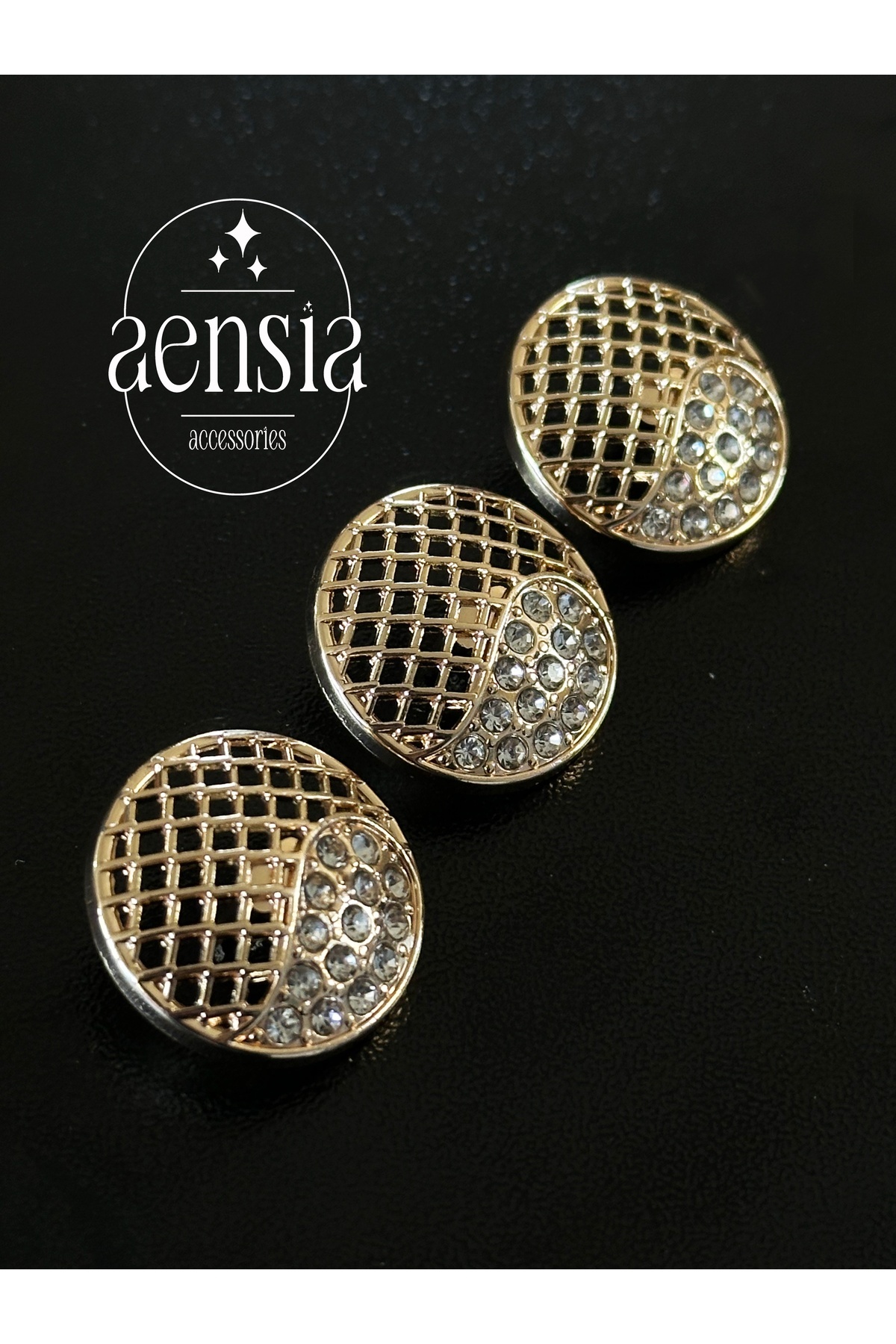 aensia Gold Altın File Yarısı Taşlı Model Özel Tasarım Kaban Ceket Trençkot Düğme 2,29CM Düğme-3lü Paket