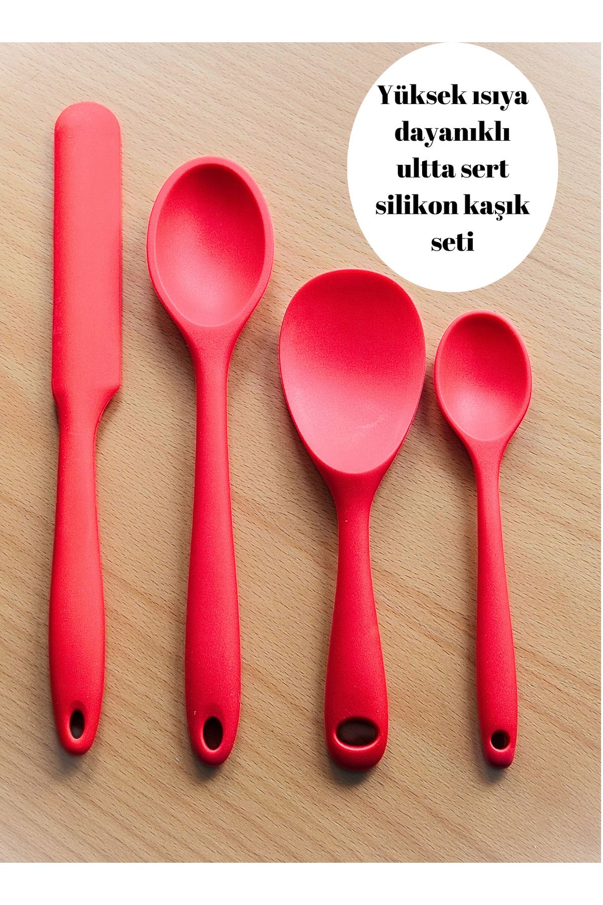 BRE HOME-Set of 4 Hard Tip High Heat Resistant Fireproof Non-Stick Silicone Spoons Service Rice (Red) 1