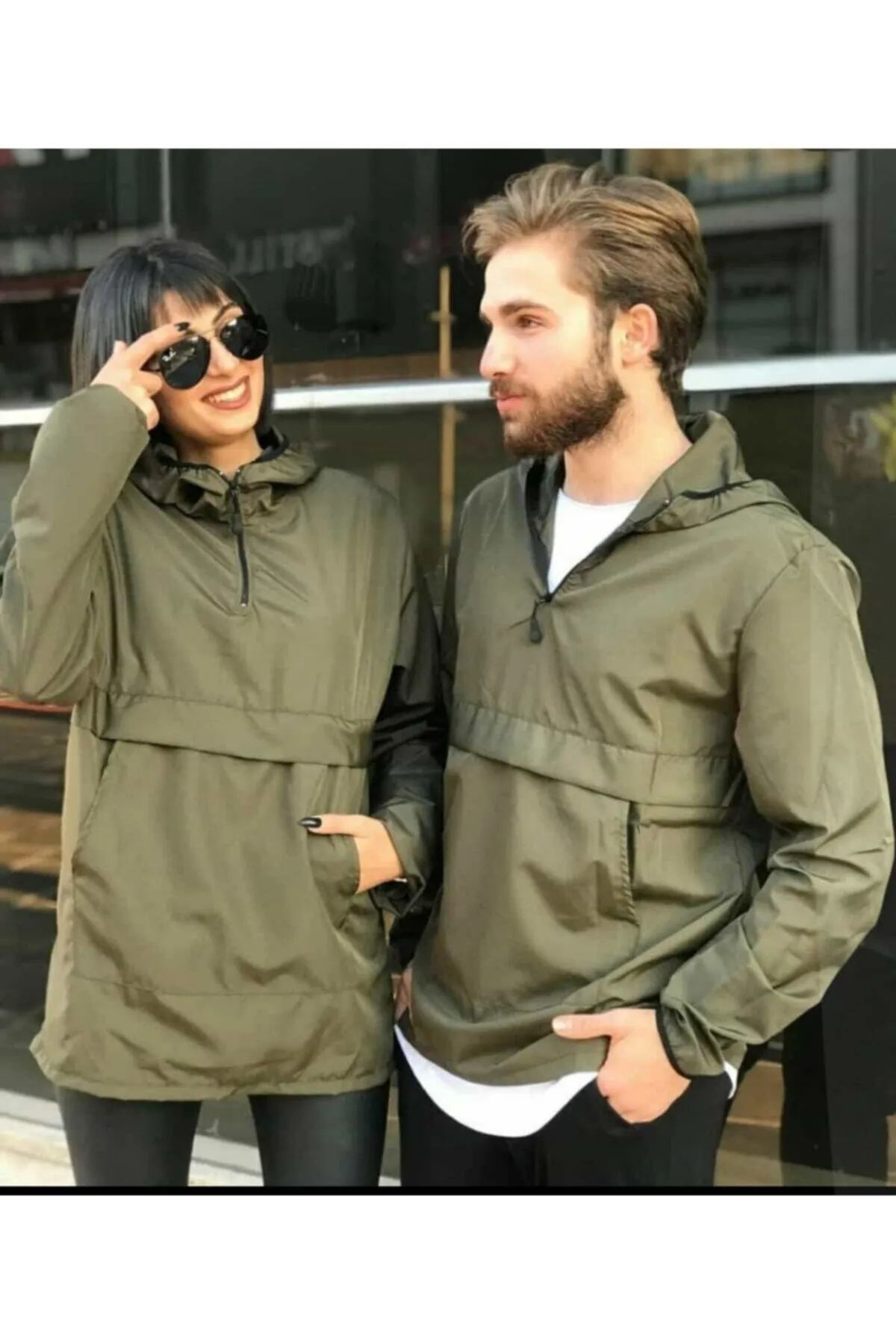 Lushen Unisex Haki Yeşil Ince Kanguru Cep Rüzgarlık Yağmurluk