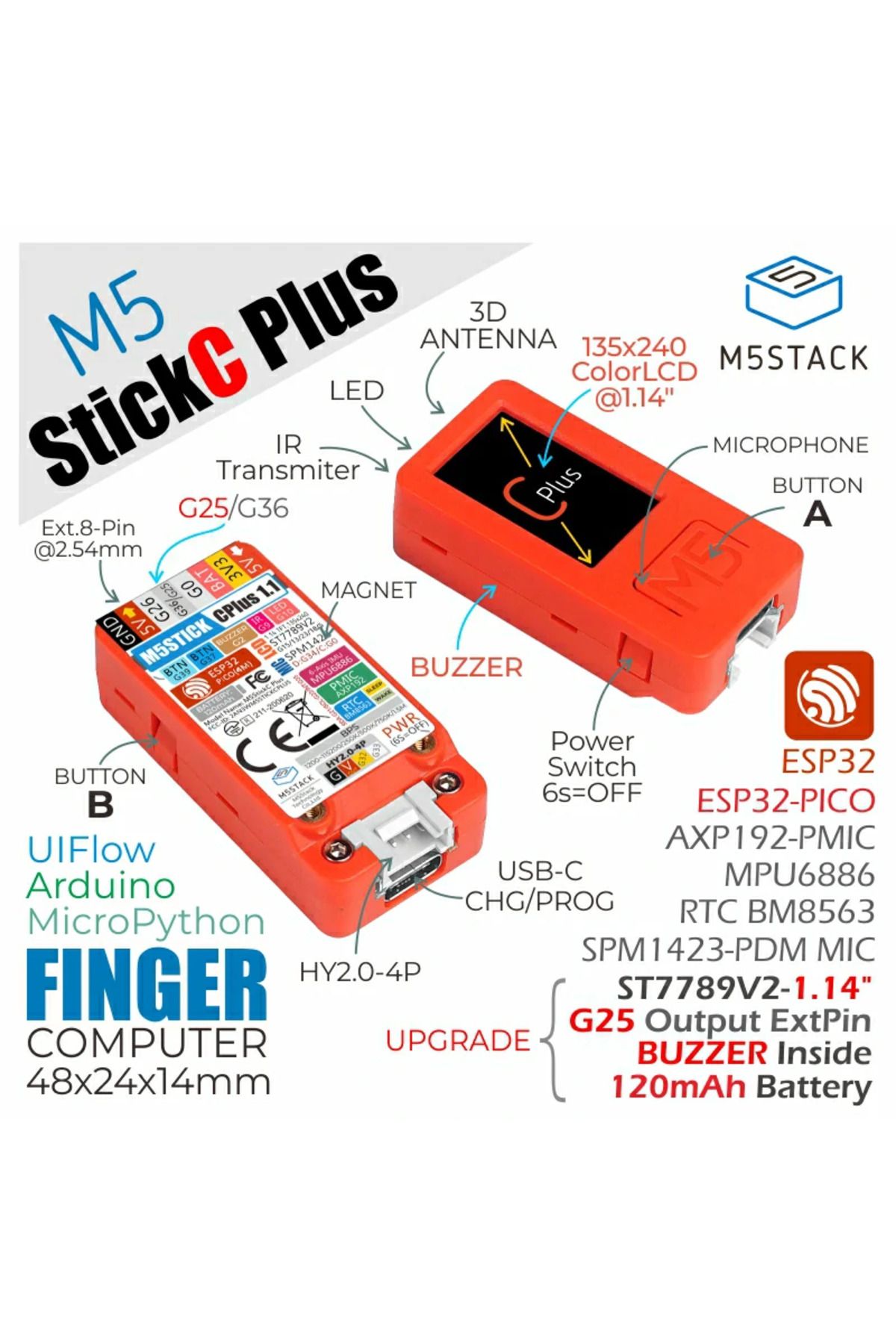FMchip-Original M5Stack M5StickC PLUS ESP32 IR AXP192 Mini IoT Development Kit WiFi 1.14-inch LCD Screen... 5