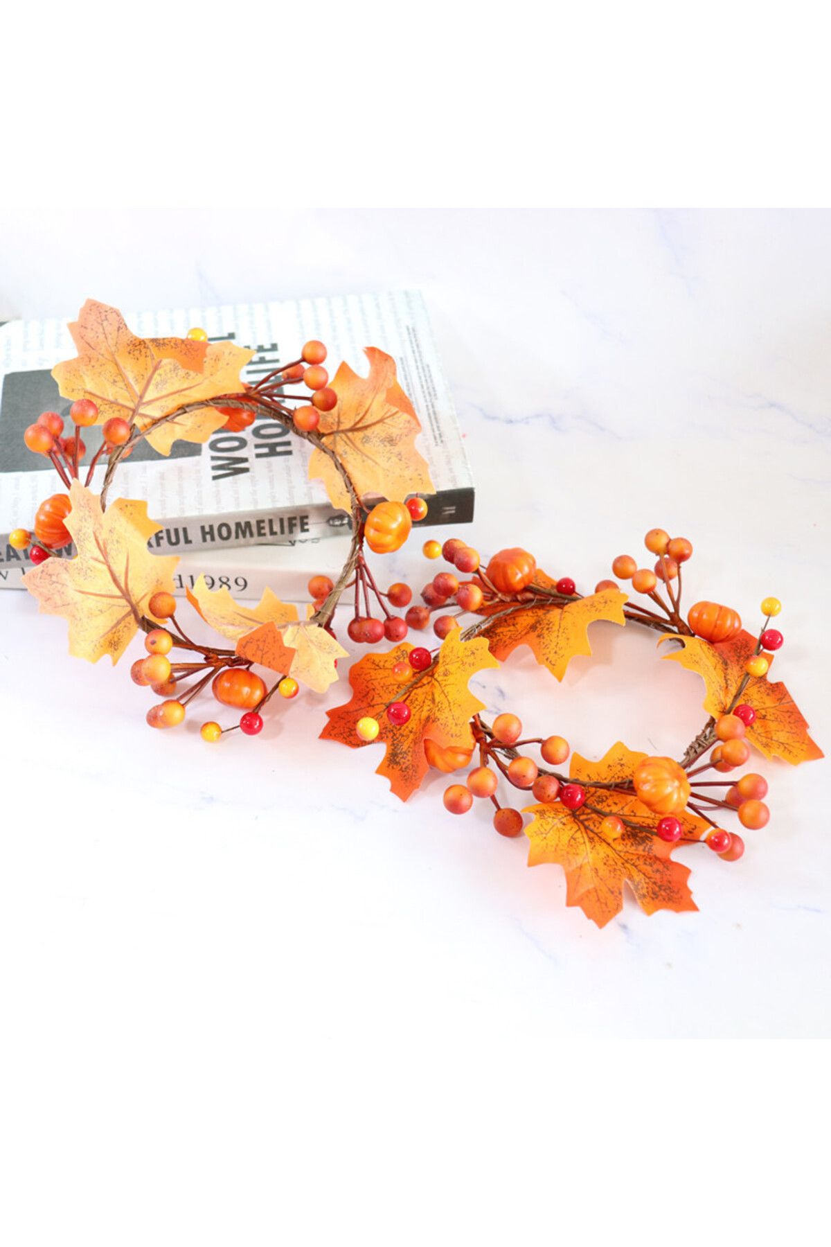 Choice-Simulated Pumpkin Maple Leaf Garland Small Wreath Candle Ring for Halloween Thanksgiving Day Deco... 4