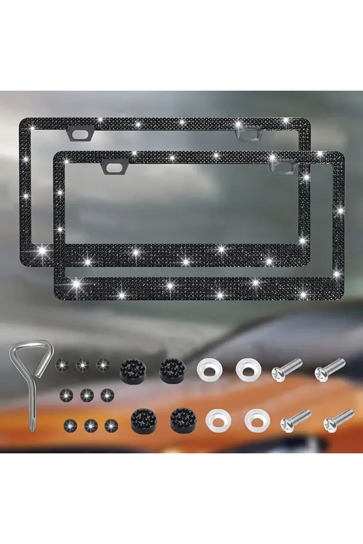 Choice-Black Diamond New 2pcs 31*16cm Bling Crystal License Plate Frame Women Rhinestone Car License Plate 1