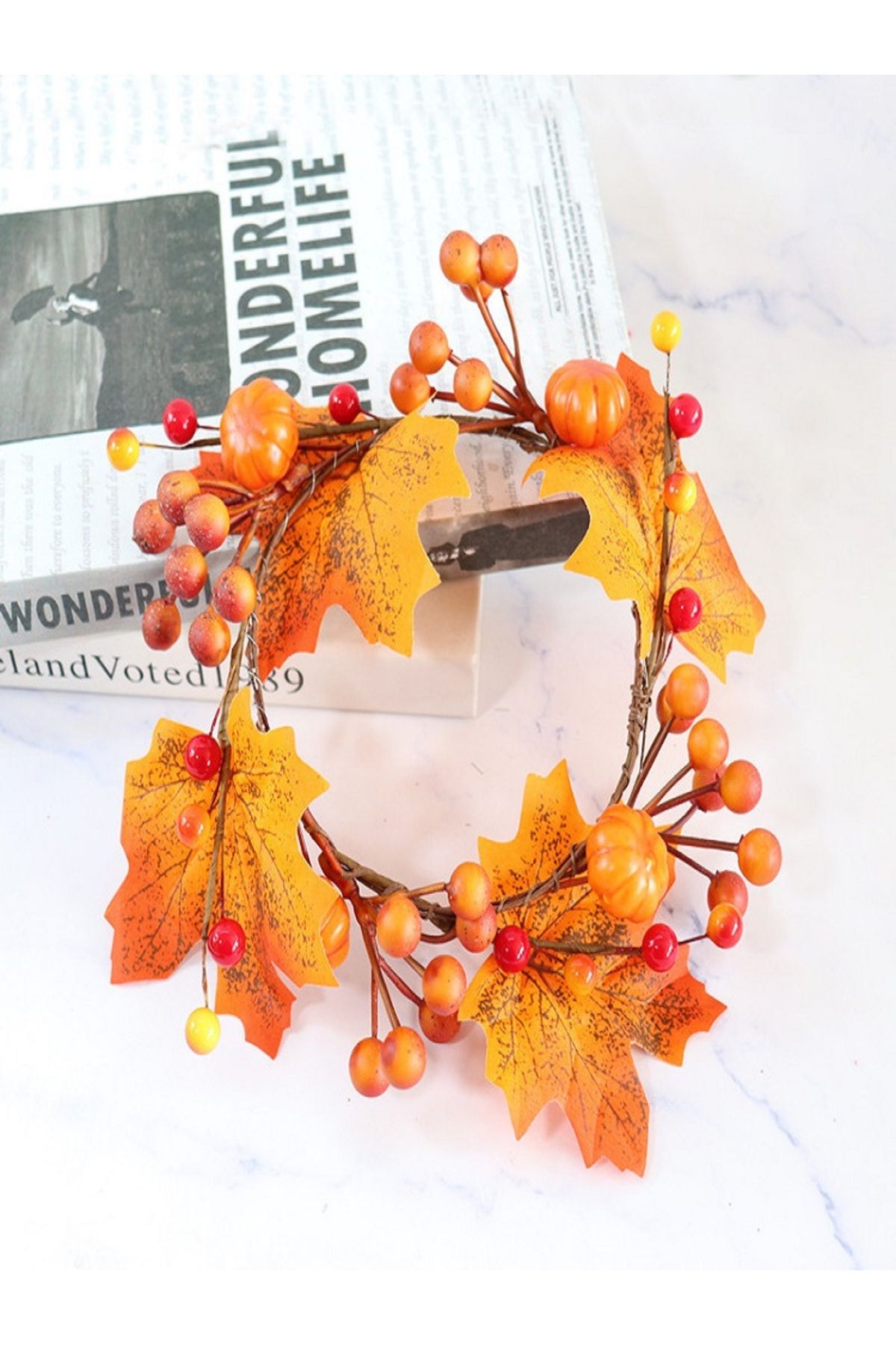 Choice-Simulated Pumpkin Maple Leaf Garland Small Wreath Candle Ring for Halloween Thanksgiving Day Deco... 7