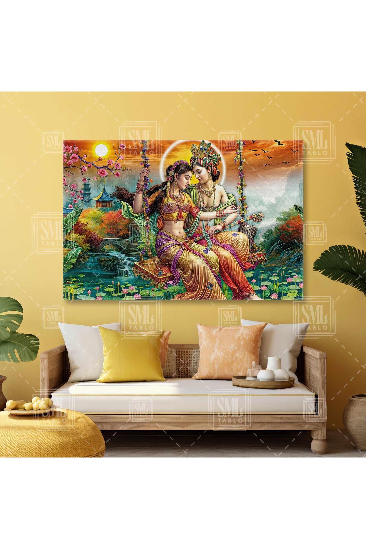 Radha Krishna Indian Women in Ethnic Dress Swinging Horizontal Canvas Painting