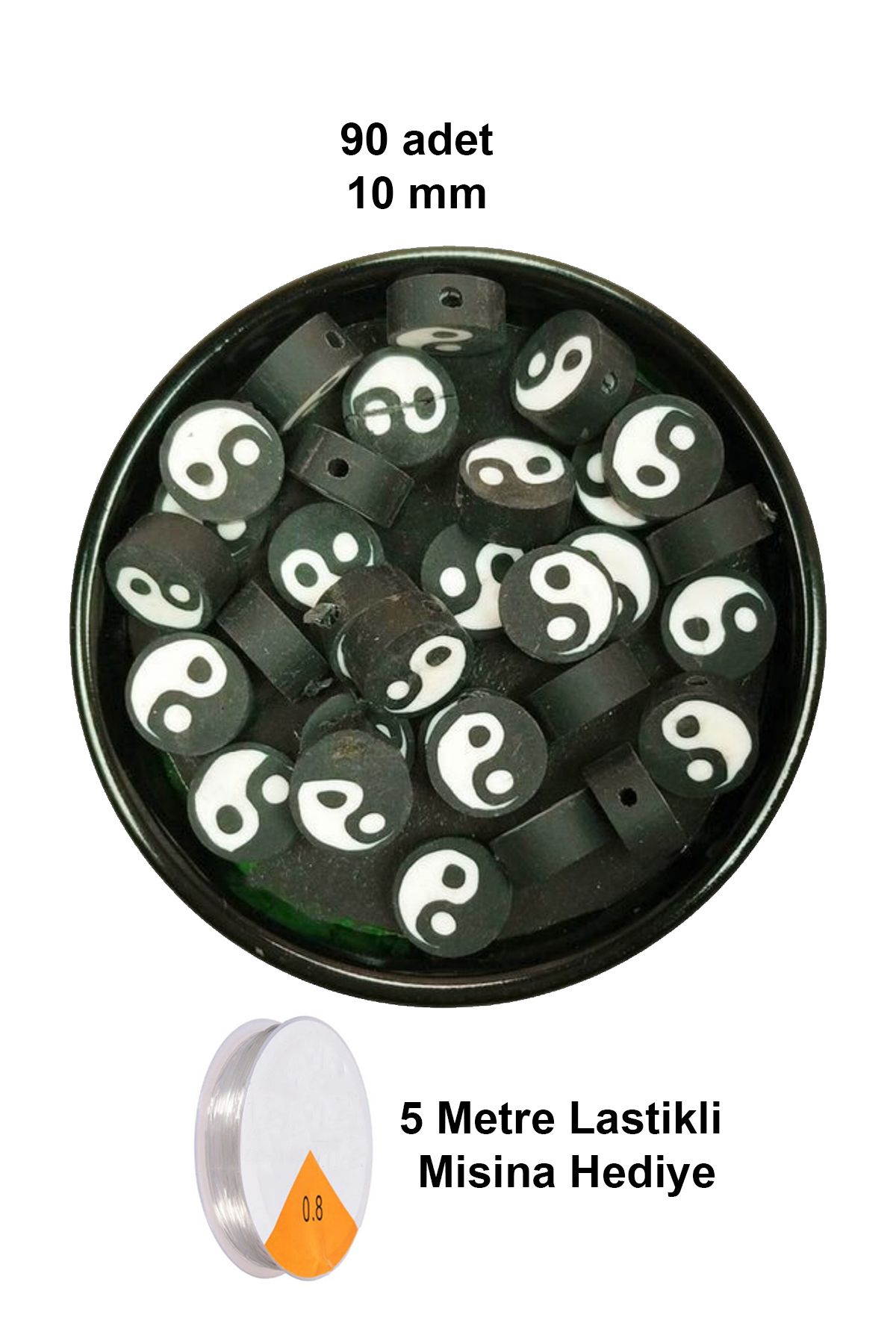 NEZADE STORE 90 Adet 10 mm Polimer Kil Fimo Boncuk Takı Bileklik + 5 Metre Lastikli Misina Hediye - Yin Yang