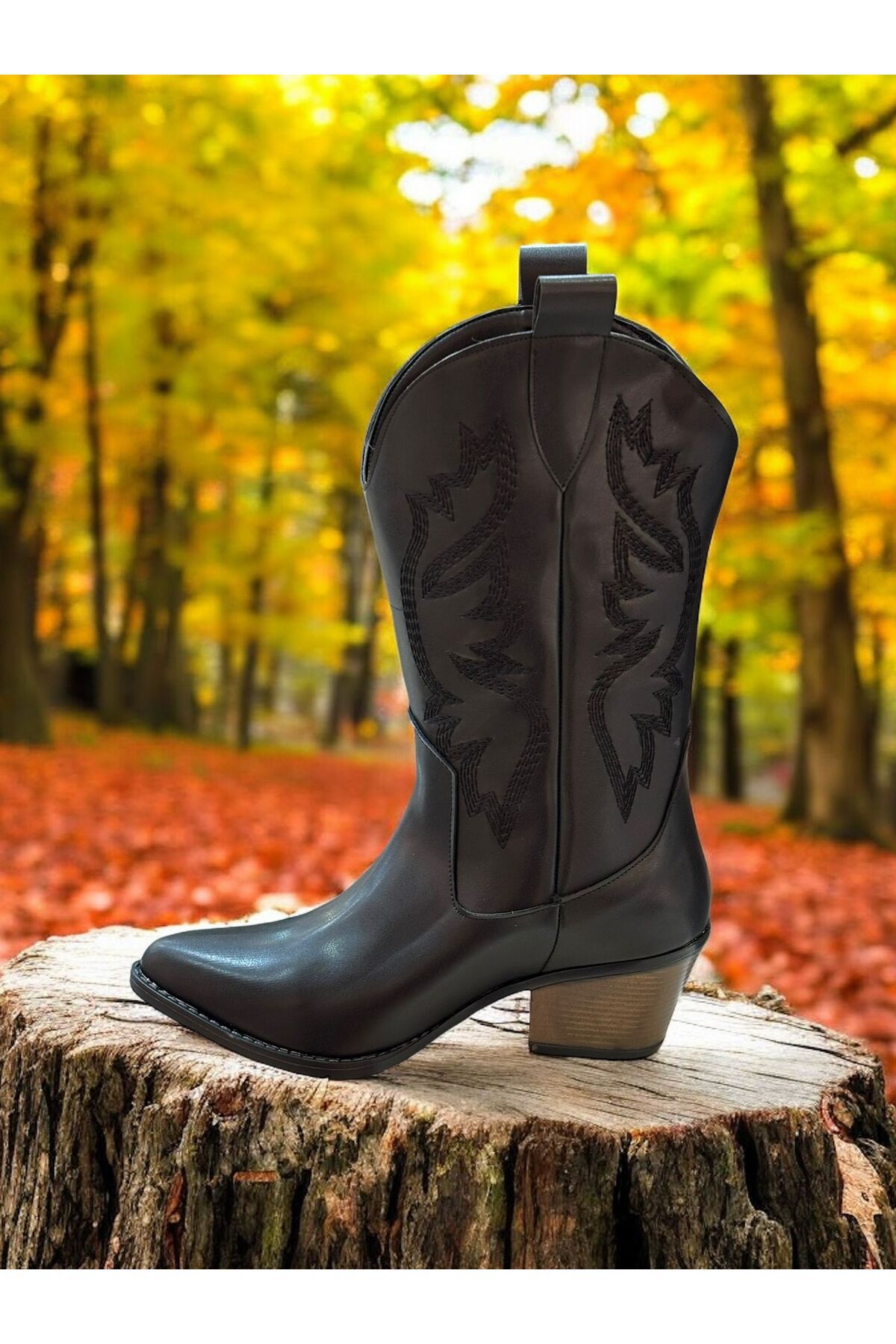 ALDİ-Aldi̇ Black Leather Black Embroidered Zipperless Western Women's Cowboy Boots 2