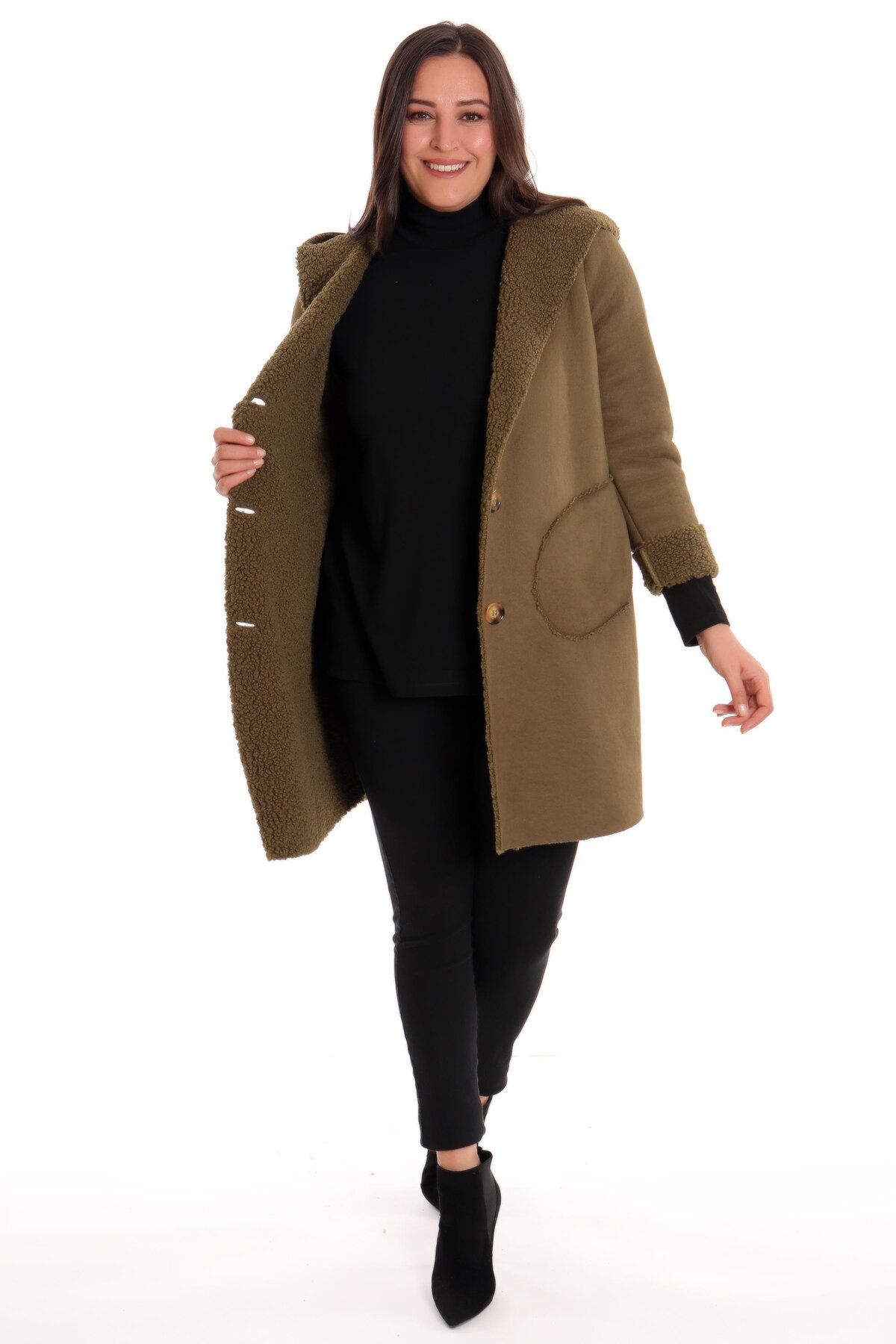 Metpoint-Trend42Plus Large Size Suede Khaki Coat with Fur Inside 2