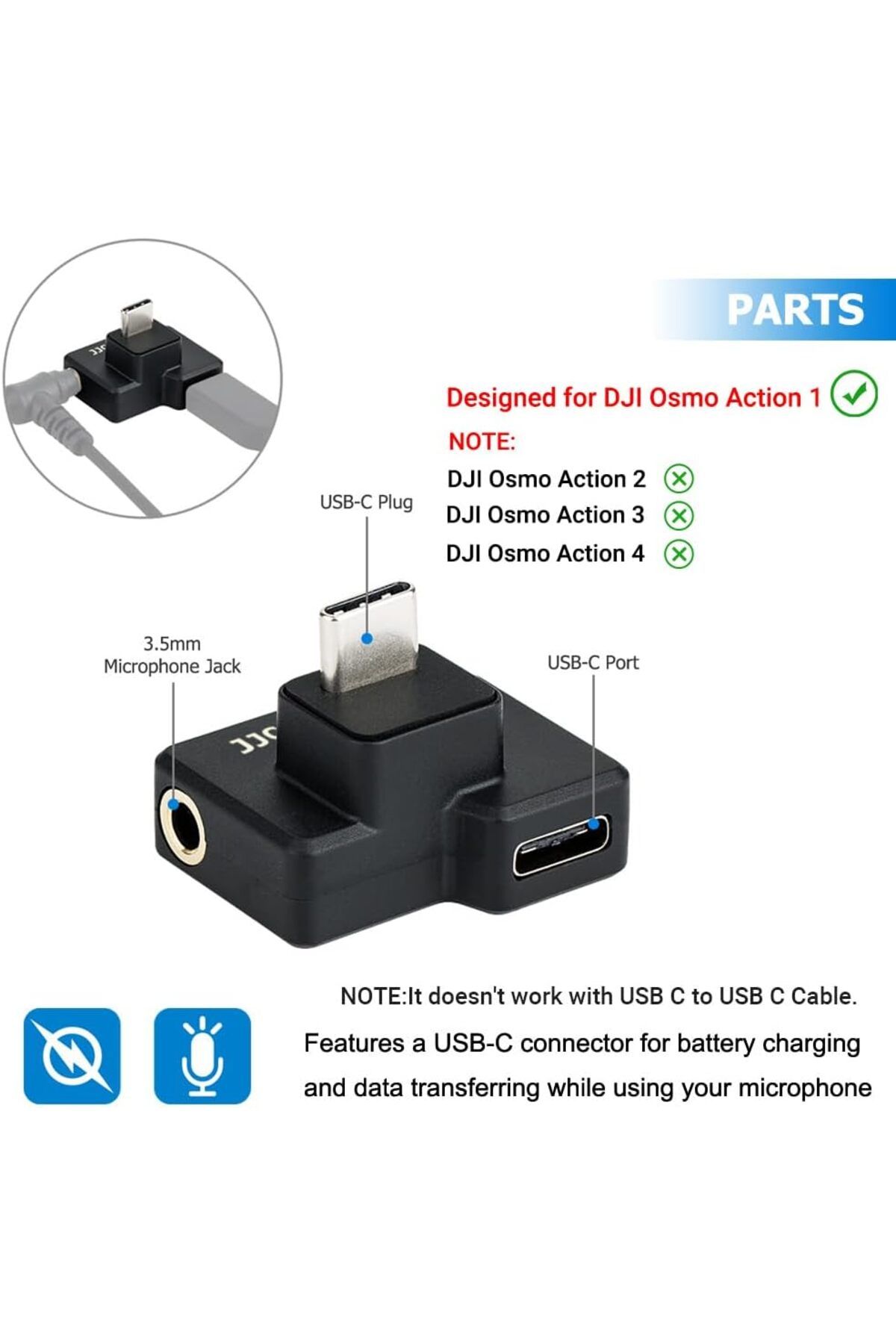 JJC-USB-C 3.5mm Mic Adapter Only for DJI Osmo Action 1 Audio Adapter Vlogging Action Camera Acces... 4
