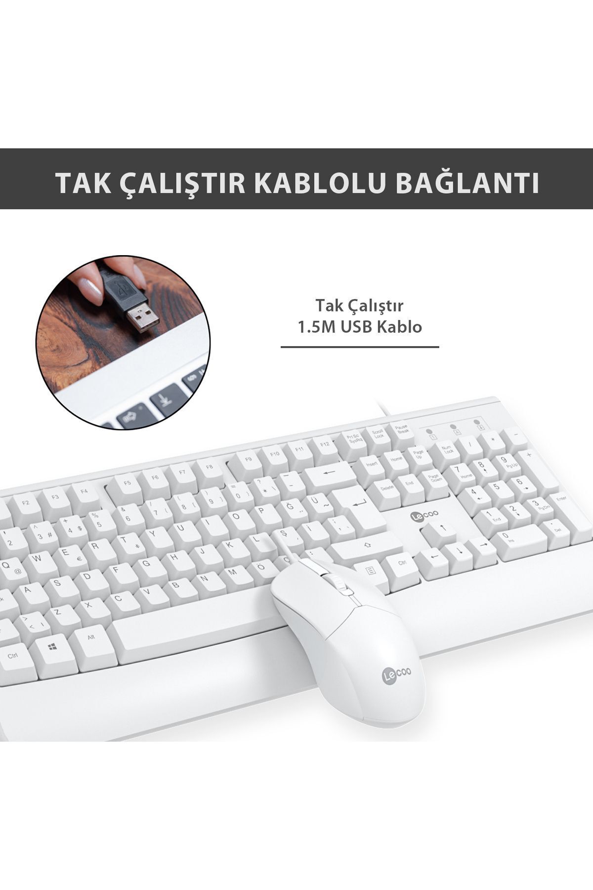 Lecoo Cm105 Usb Kablolu Türkçe Q Klavye & Mouse Set Beyaz - Fiyatı