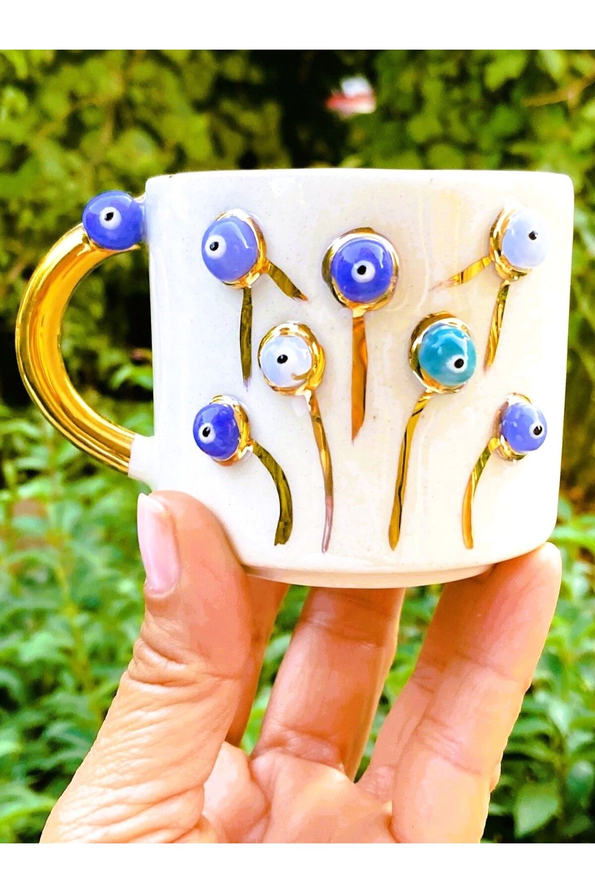 Celines Wonders 24 Ayar Altın Detaylı, Nazar Hayat Ağacı Kabartmalı, El Yapımı Sağ El Mug, Evil Eye Mug, 200 ml