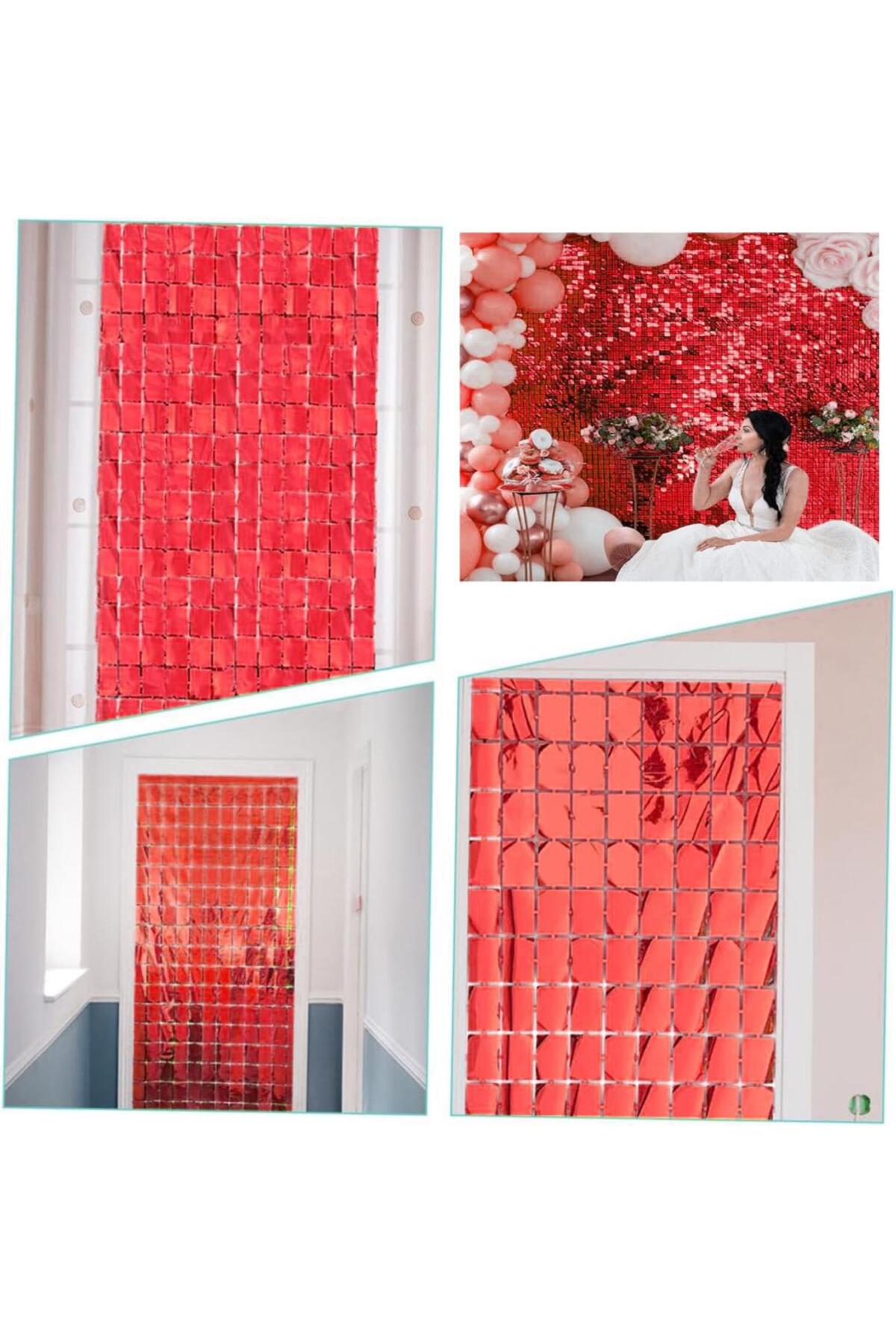 دکور پرده در نسیورلد اکسترا، رنگ قرمز متالیزه، مدل دیسکو، برش مستطیلی، ابعاد ۱×۲ متر