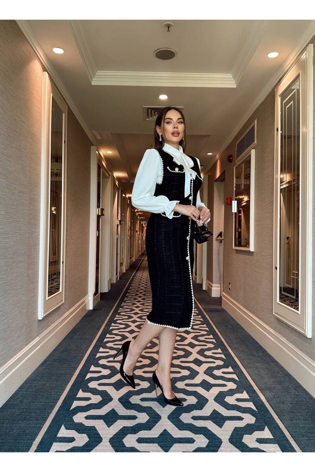 1Moda1Tarz-Rochie neagră din tweed importat și țesătură țesătă pentru femei, cu nasturi și detalii despre accesorii, design special, căptușită 3