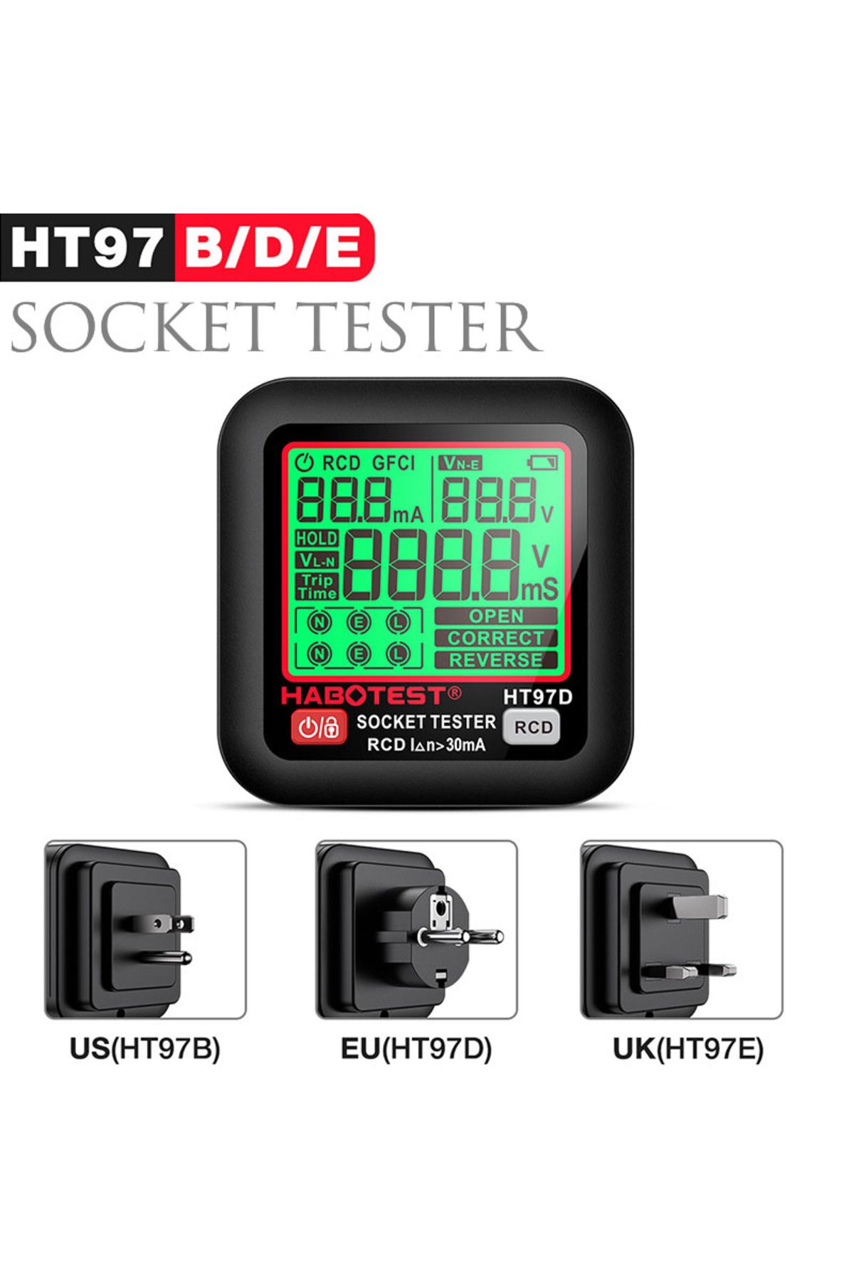 Choice-HT97 Digital Socket Tester Voltage Detector RCD GFCI Voltage Test EU US UK Plug Large Display Out... 2