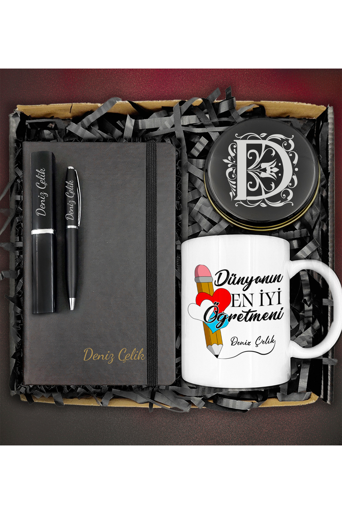 Hazellica Öğretmenler Günü Kişiye Özel Kalpli Kalem Tasarımlı Kupa &Kişiye Özel Mum&Defter&Kalem