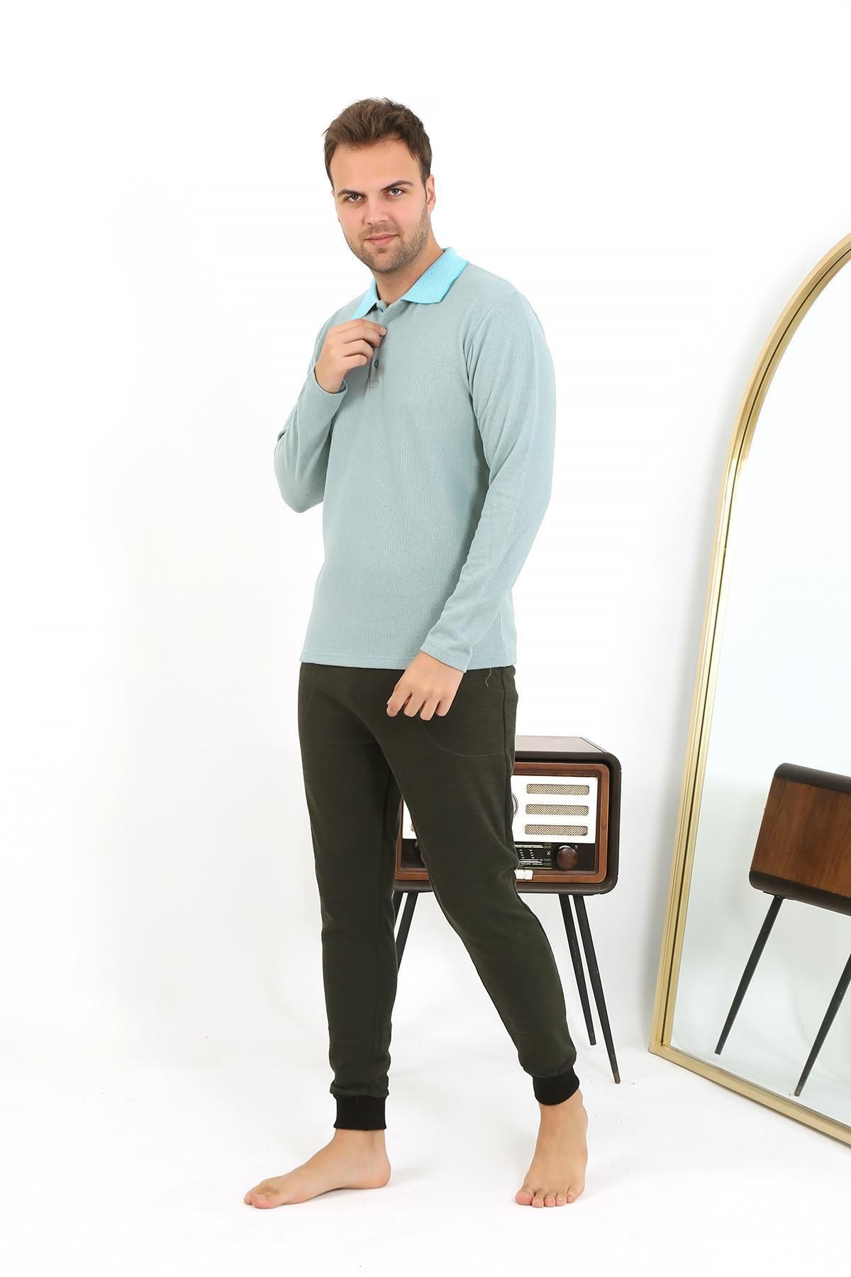Akbeniz-Men's Polo Collar Long Sleeve Combed Cotton Pajama Set 6862 Water Green 3