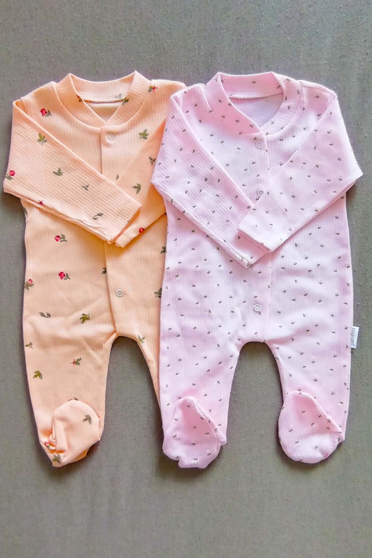 MYZİ STORE-Rose and Flower Patterned Baby Girl Jumpsuit Set - Set of 2, Organic Cotton, Newborn Outfit 1