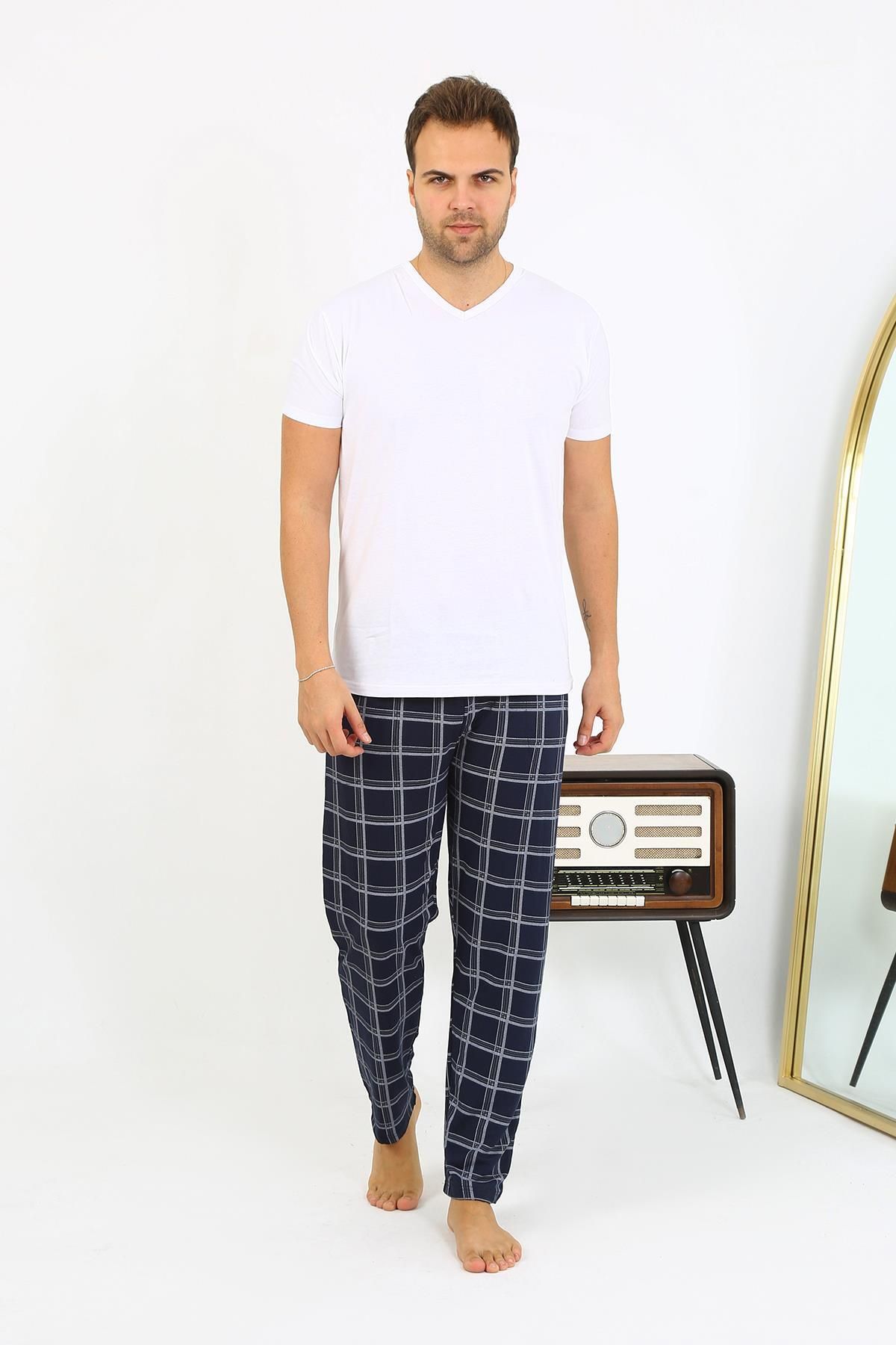 Akbeniz-Navy Blue Men's Combed Cotton Single Bottom Pajamas - Plaid Pattern 27540 3