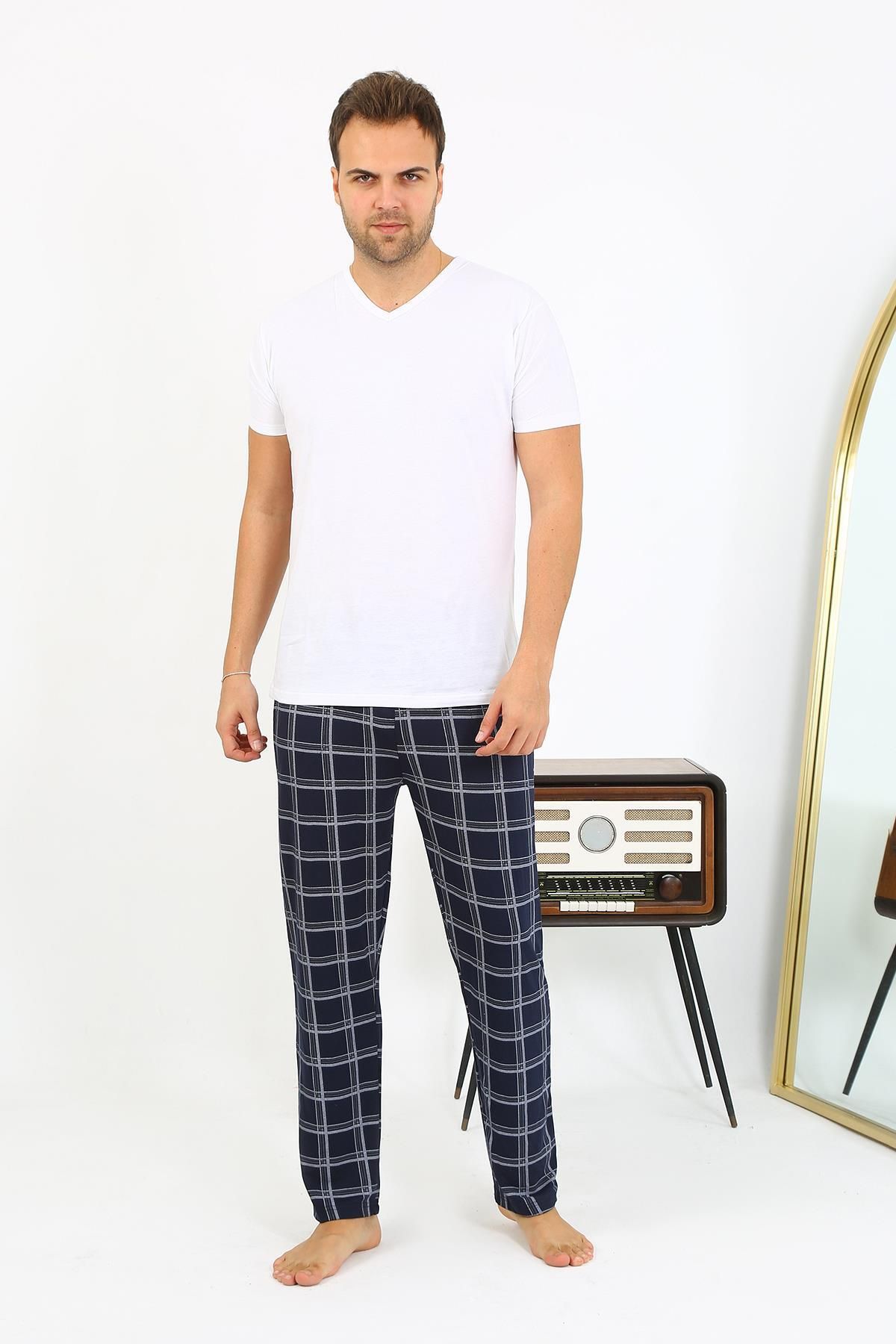 Akbeniz-Navy Blue Men's Combed Cotton Single Bottom Pajamas - Plaid Pattern 27540 2