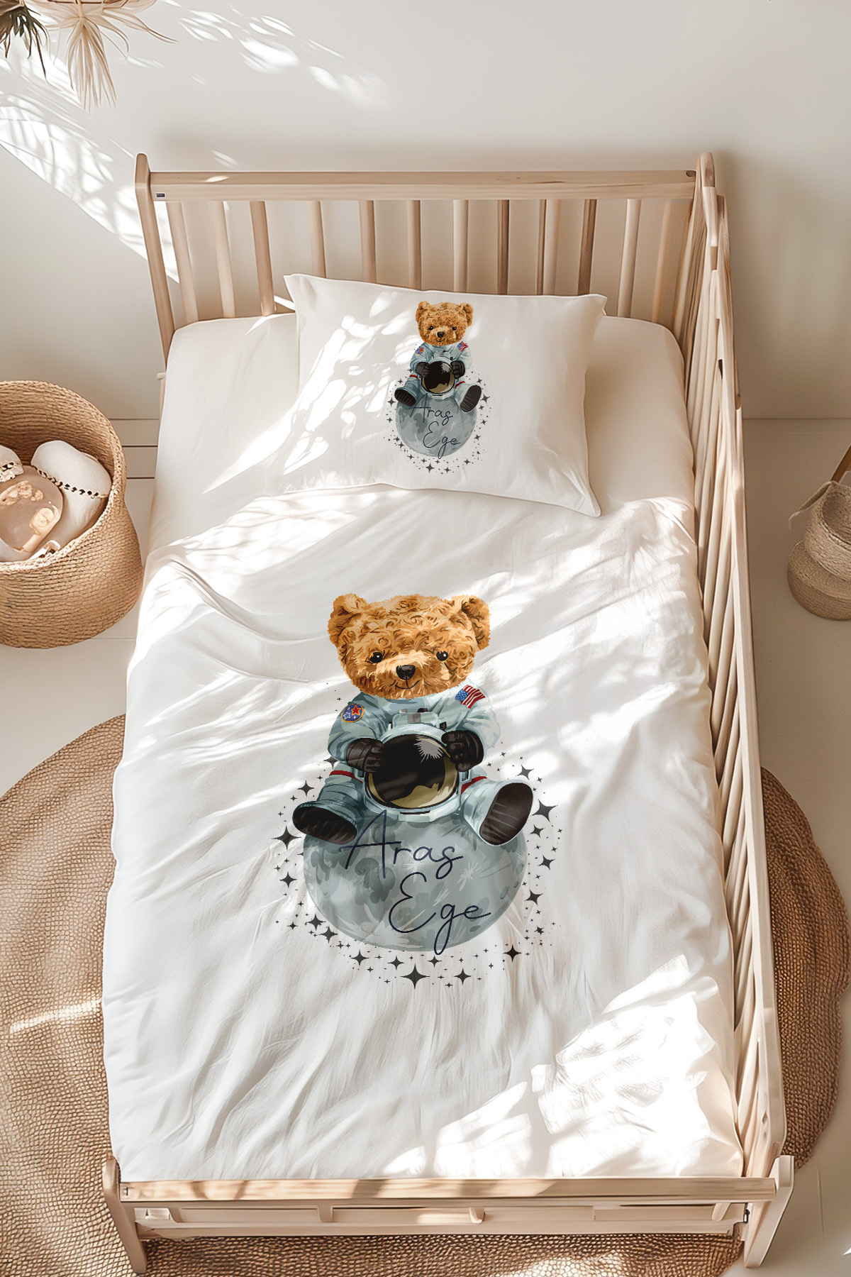 % Cotton Satin Name Only Montessori Bed Linen Set (100X200 CM) Astronaut Teddy Bear