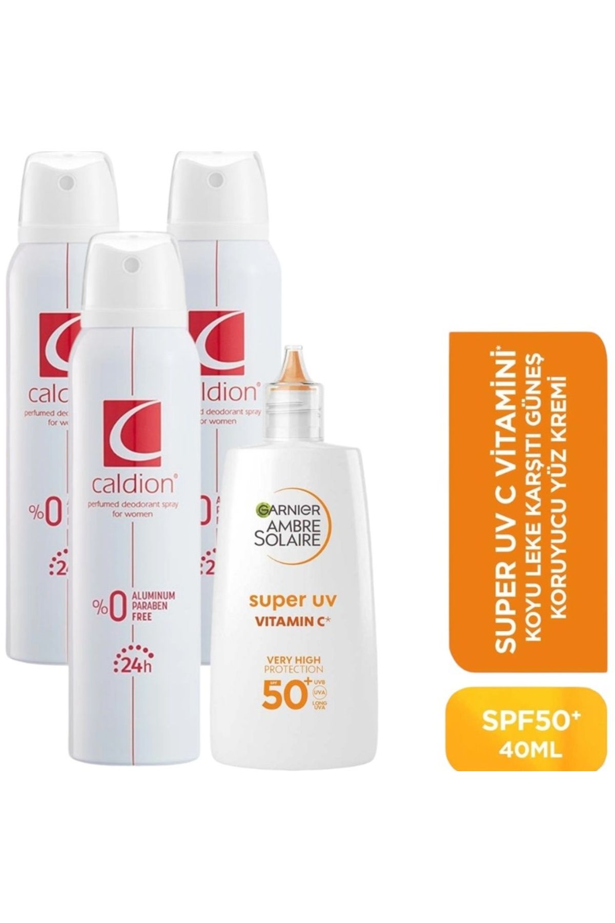 Caldion Kadın Deodorant 150ML 3 Adet + Ambre Solaire UV C Vitamini Koyu Leke Karşıtı Fluid Krem SPF50+ 40ML