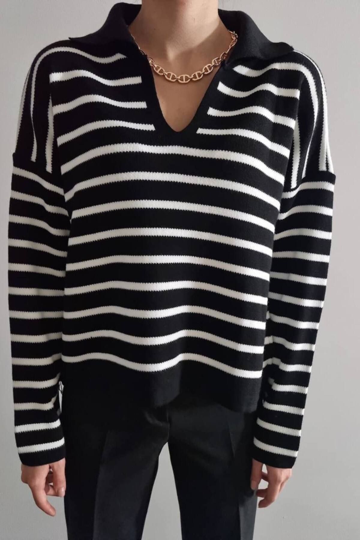 Mila-Women's Black and White Striped Polo Collar Knitwear Sweater 2