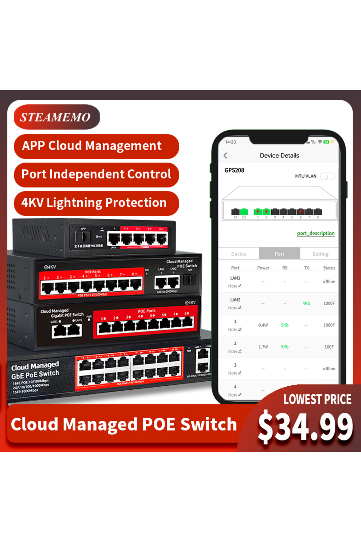 Choice-STEAMEMO Cloud-managed POE Switch 4/8/16 Port 48V Active POE Desktop 100/1000Mbps SFP APP Control... 2