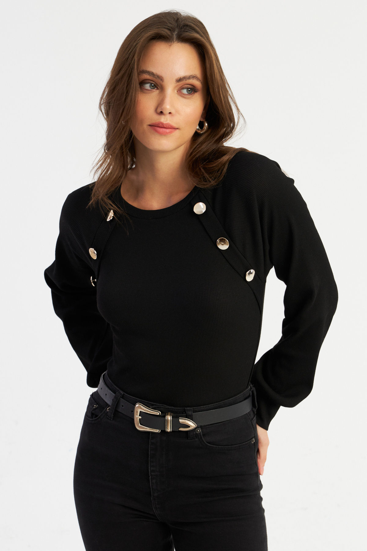 Cool & Sexy Damska czarna bluzka z guzikami i akcesorium Ey2946