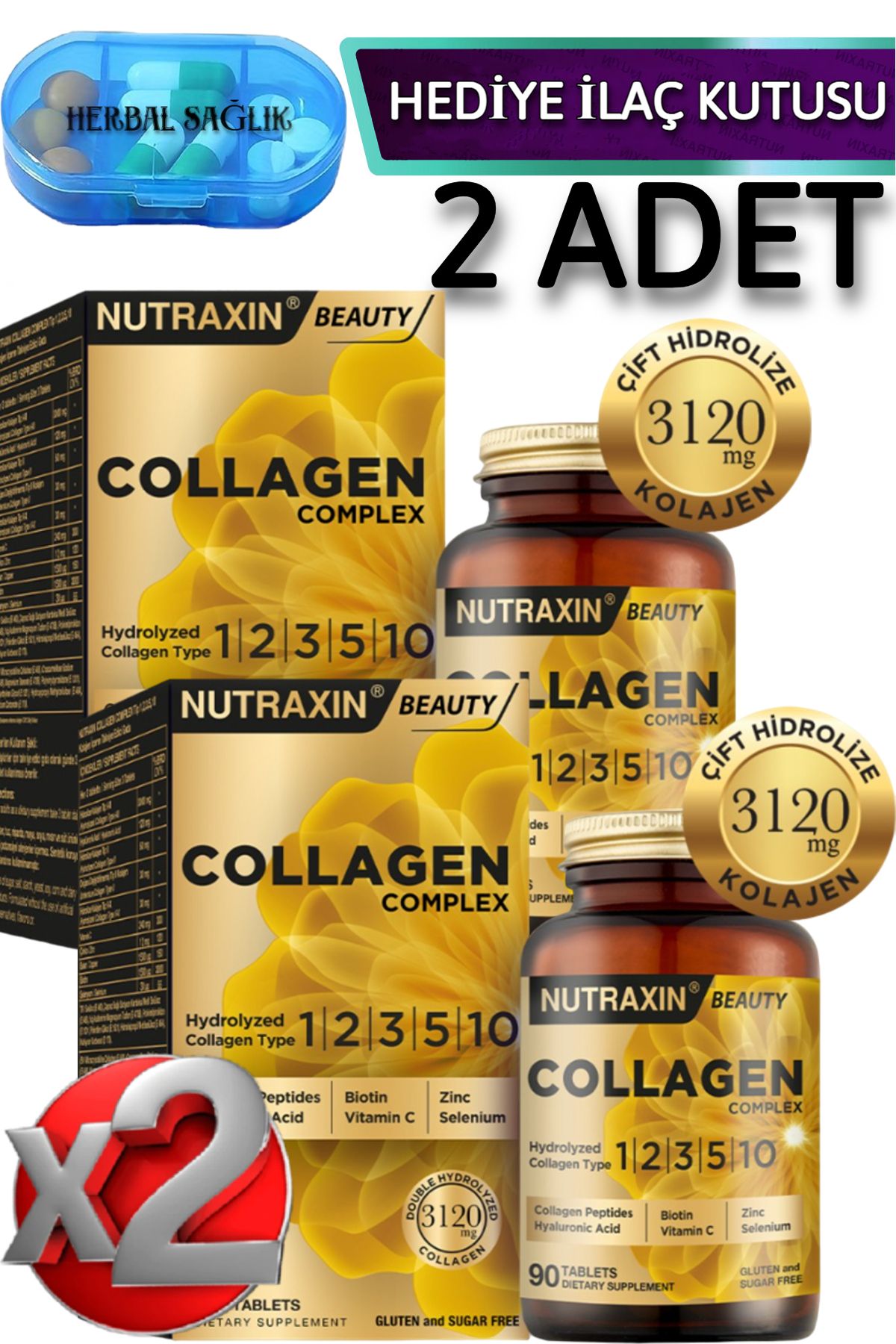 Nutraxin 2 Adet Collagen Complex Tip 1-2-3-5-10 Çift Hidrolize 3120 Mg 90 Adet Tablet