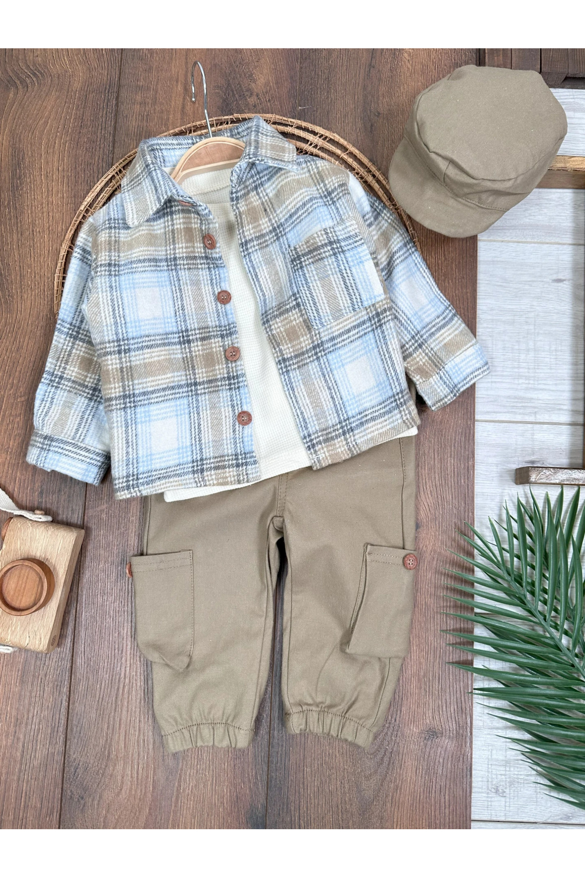 tiwitibaby Oduncu Gömlek Şapkalı Waffle  Badili Kanvars Kargo Pantolonlu 4lü Erkek Bebek/Çocuk Takım fotoğrafı 5 (önizleme)