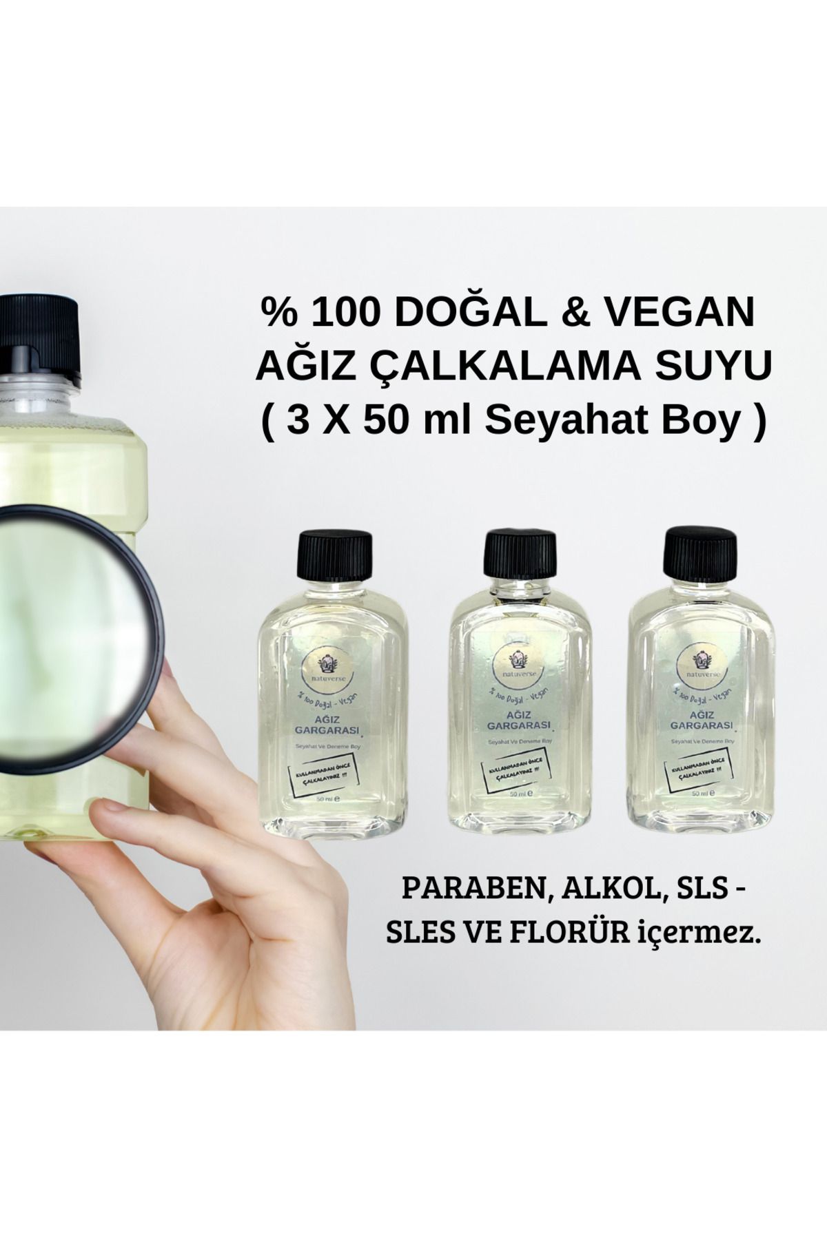 NATUVERSE Ağız Çalkalama Suyu Alkolsüz- Vegan 3 X 50 ml - % 100 Doğal & Vegan & El Yapımı