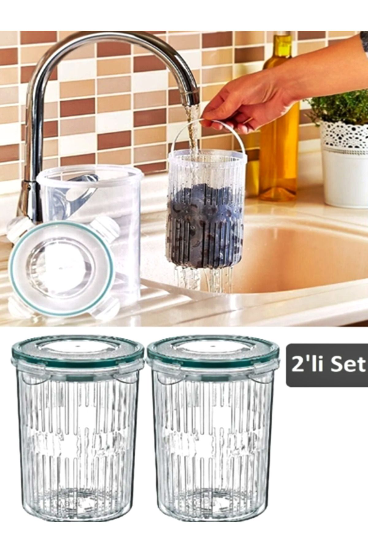Selbu-1.5 Liter Practical Olive and Pickle Storage Container with Strainer - Set of 2 3