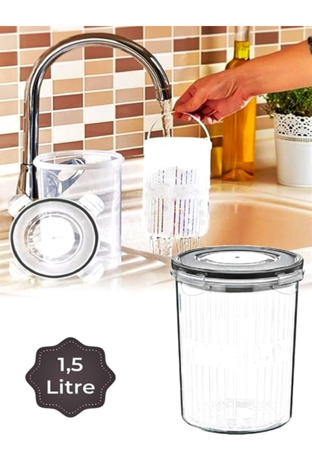 Selbu-1.5 Liter Practical Olive and Pickle Storage Container with Strainer - Set of 2 2