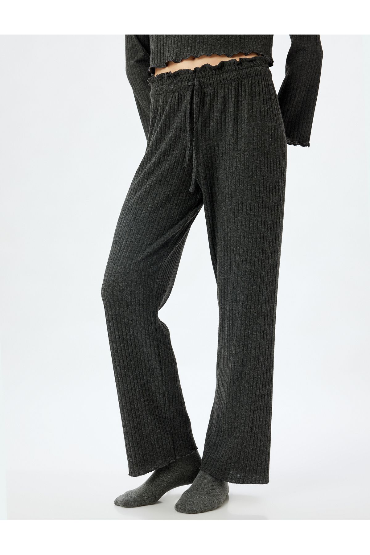 Koton-Soft Textured Knitted Pajama Bottom - Wide Leg and Elastic Waist Lacing 3