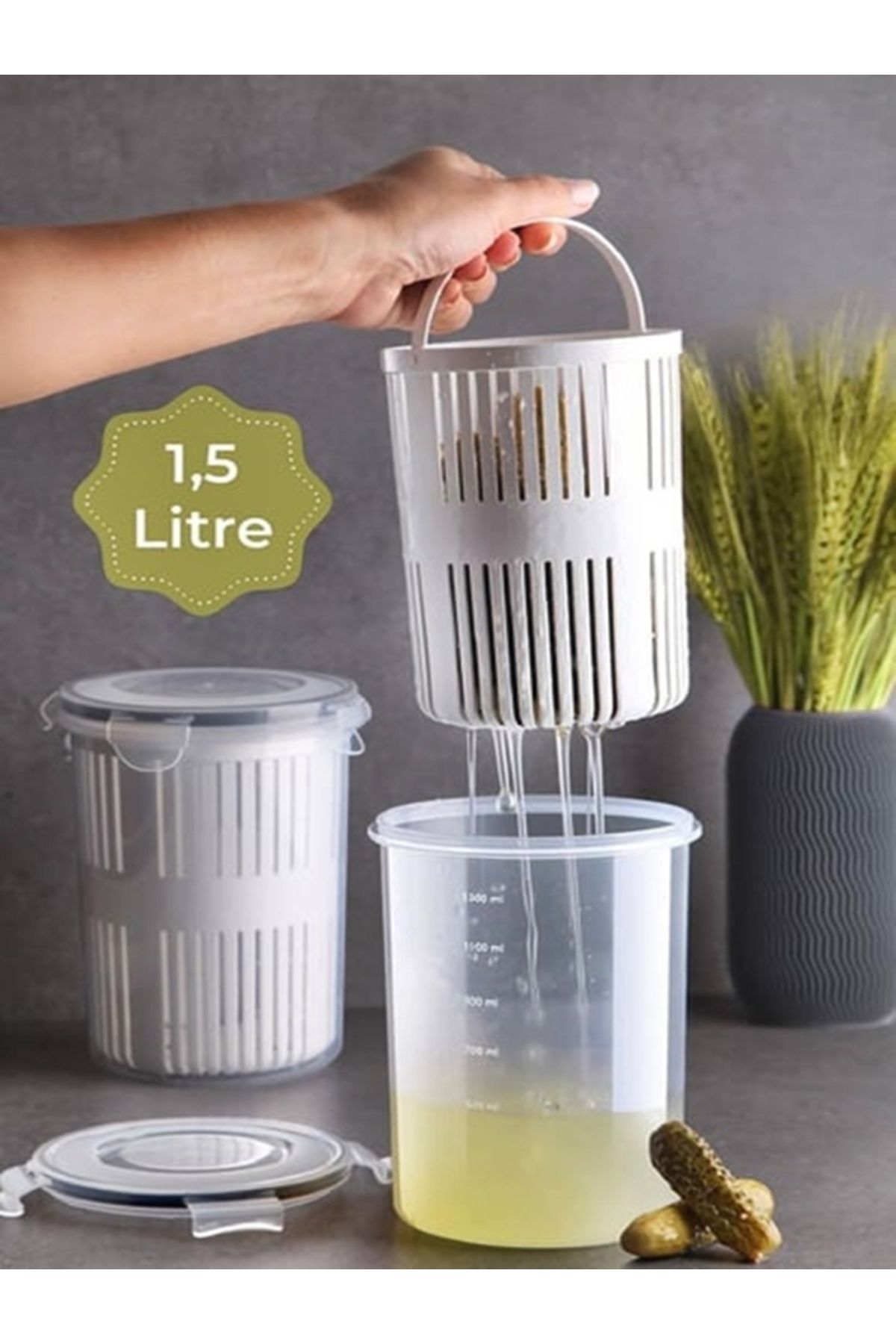 Selbu-1.5 Liter Practical Olive and Pickle Storage Container with Strainer - Set of 2 1