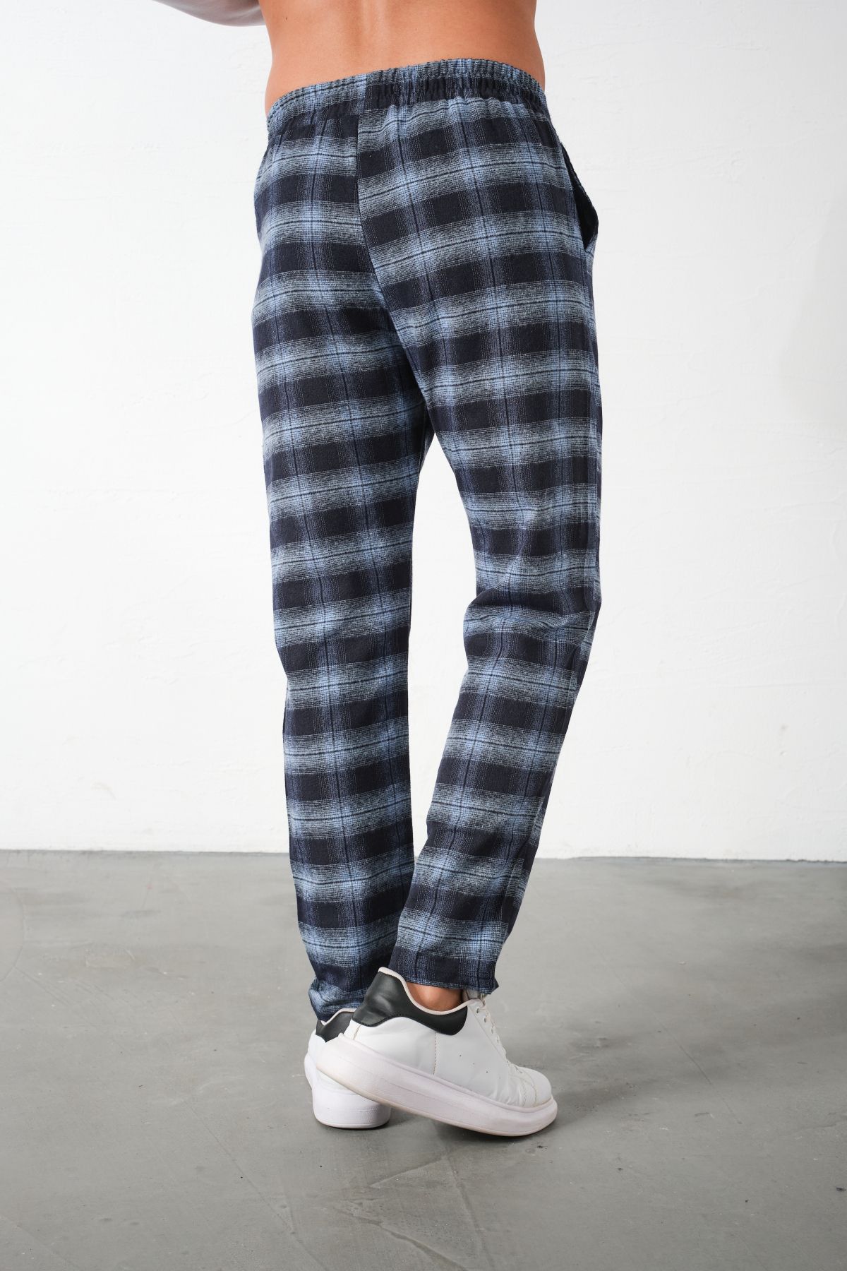 Domoda-Navy Blue Plaid Flannel Pajama Bottoms Relaxed Fit Close-Fitting Cotton Men's Trousers 5