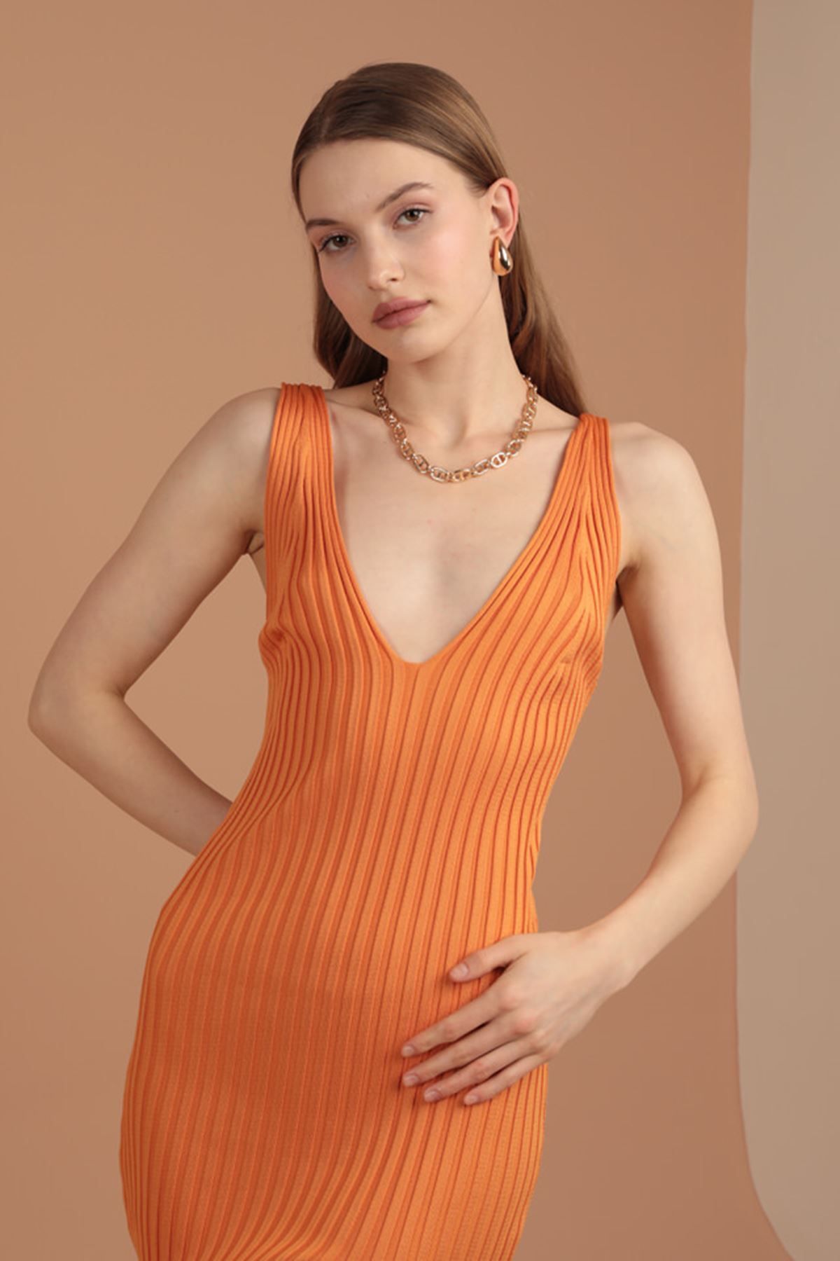 Moka Shopin-Mokashopin Knitwear Thick Wick V-Neck Women's Dress-Orange 3